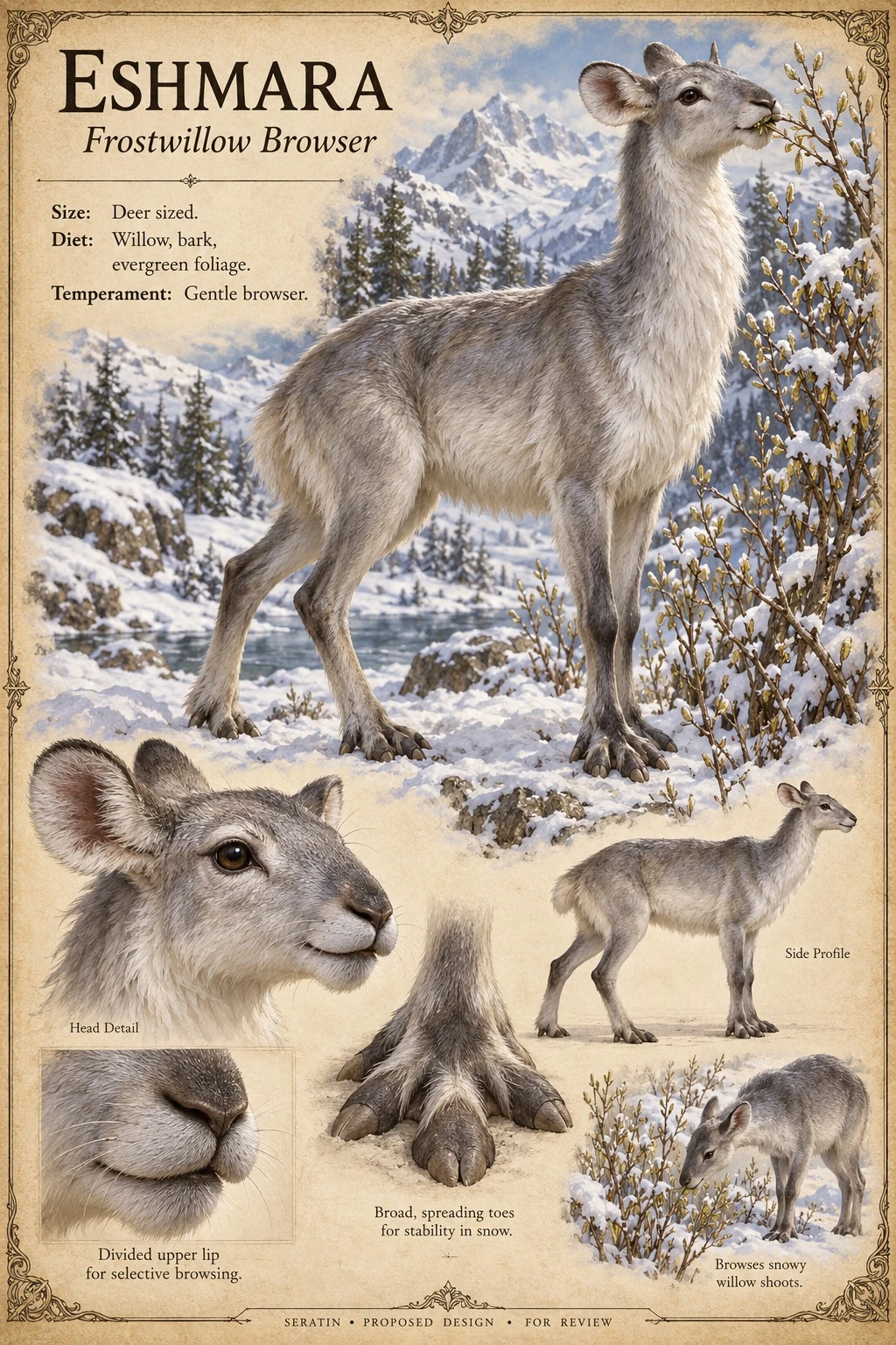 Fauna reference sheet showing Eshmara — Frostwillow Browser with appearance and anatomical detail studies.