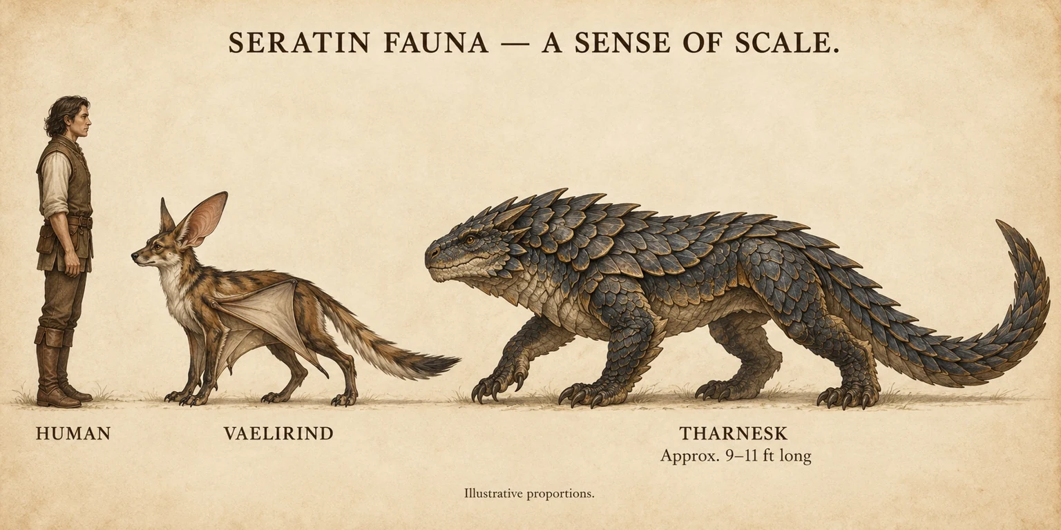 A human, a Vaelirind, and a large armored Tharnesk stand side by side for a size comparison.