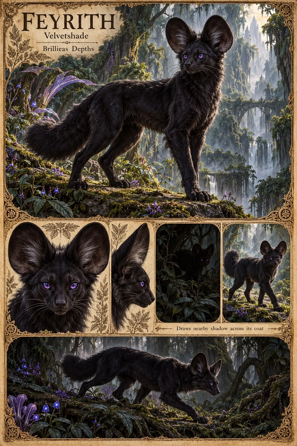 Feyrith, a slender, black-furred, fox-like animal of the Brillieas Depths with huge ears and violet eyes, stands on a mossy rock in a misty forest of vines and ruined arches. Studies show its face, its ear in profile, the animal hidden in shadowy undergrowth, a side view, and the animal stalking through the forest floor. It draws nearby shadow across its coat.