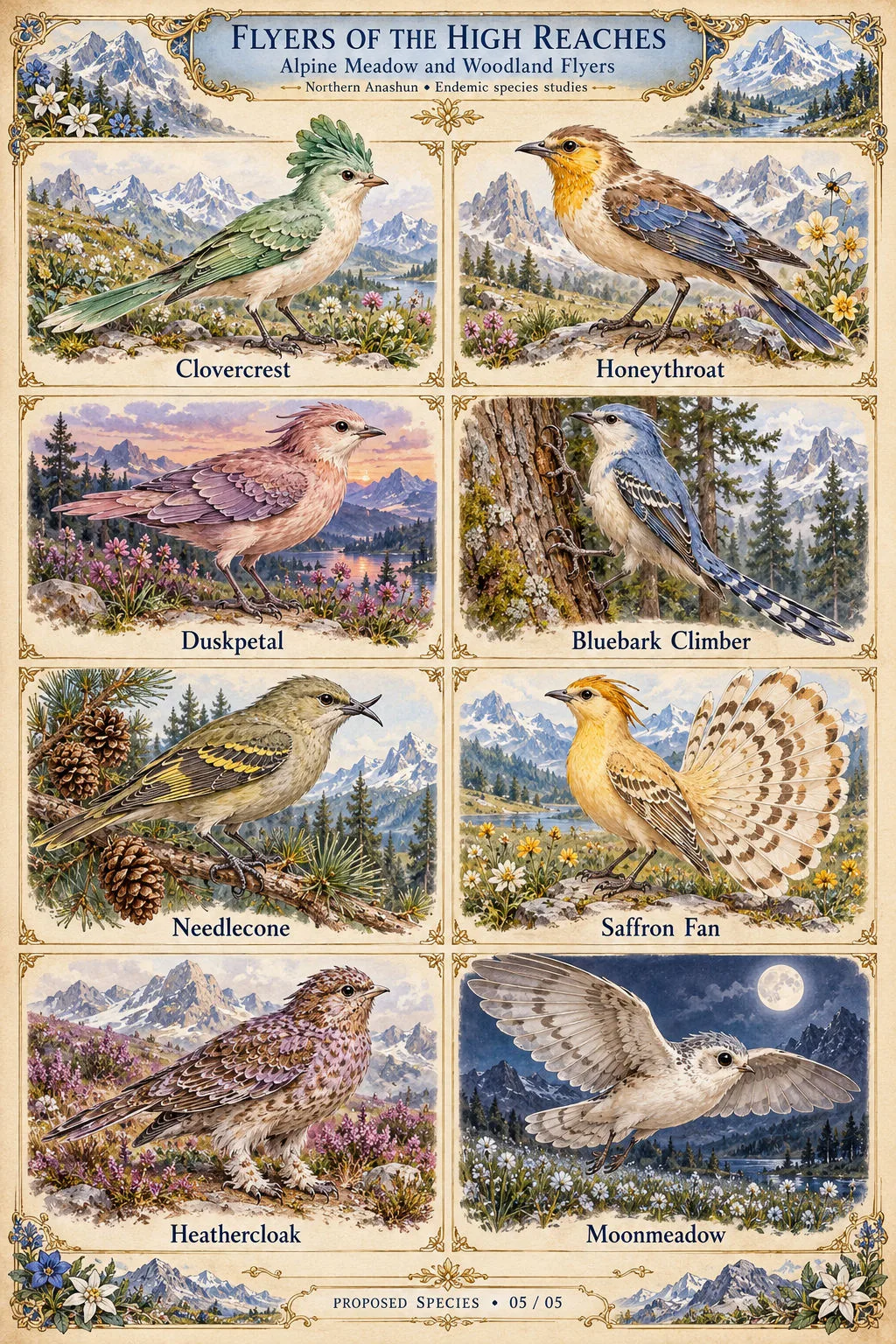 Proposed species sheet 5 of 5 of endemic birds from the alpine meadows and woodlands of the High Reaches in northern Anashun: Clovercrest, Honeythroat, Duskpetal, Bluebark Climber, Needlecone, Saffron Fan, Heathercloak and the nocturnal Moonmeadow.