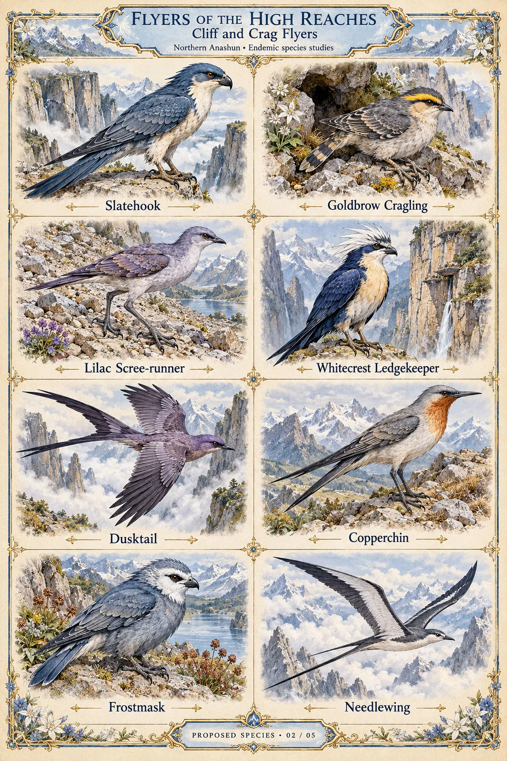 Proposed species sheet 2 of 5 of endemic birds from the cliffs and crags of the High Reaches in northern Anashun: Slatehook, Goldbrow Cragling, Lilac Scree-runner, Whitecrest Ledgekeeper, Dusktail, Copperchin, Frostmask and Needlewing, shown on rocky ledges and soaring between peaks.