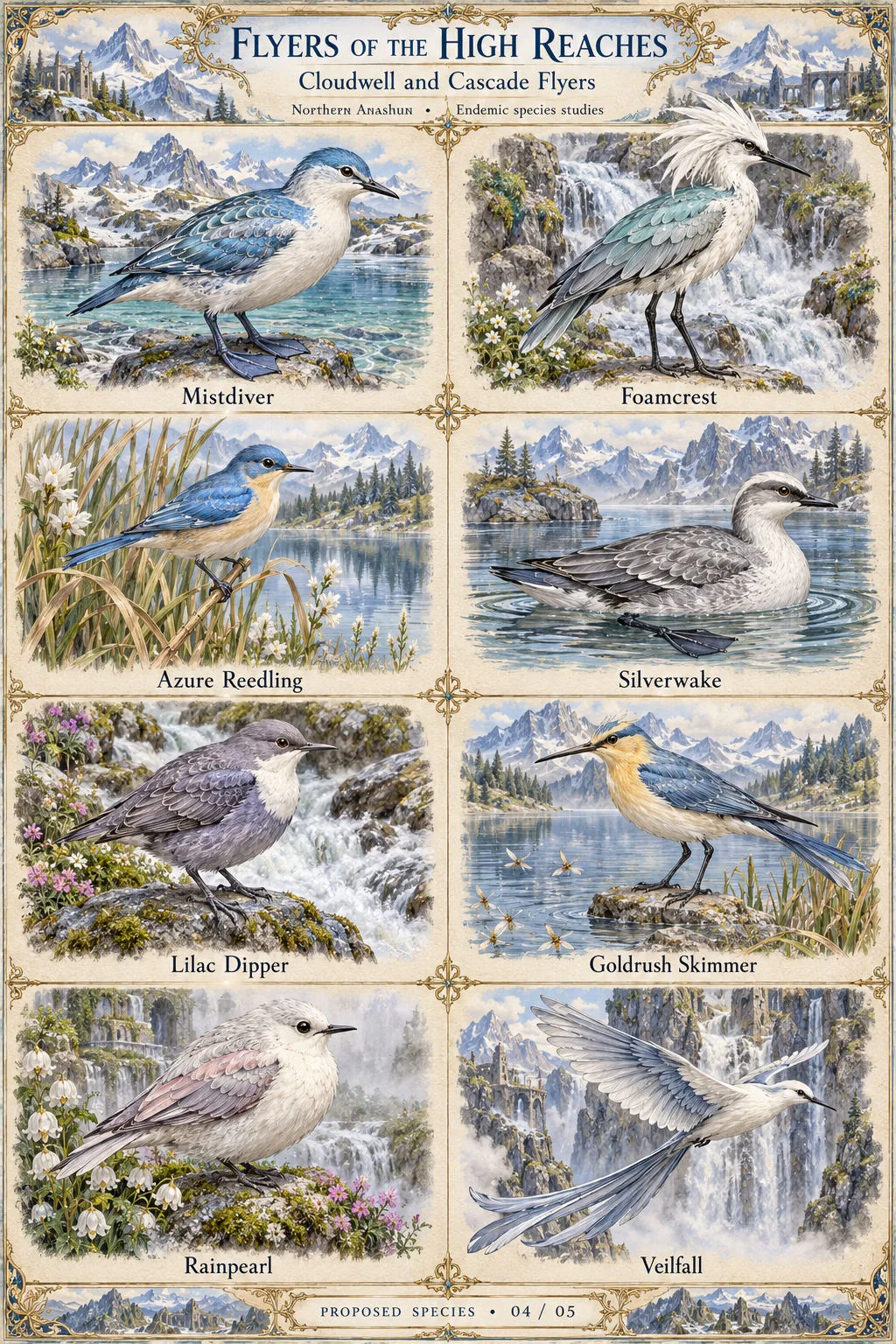 Proposed species sheet 4 of 5 of endemic water birds from the lakes, streams and waterfalls of the High Reaches in northern Anashun: Mistdiver, Foamcrest, Azure Reedling, Silverwake, Lilac Dipper, Goldrush Skimmer, Rainpearl and Veilfall.
