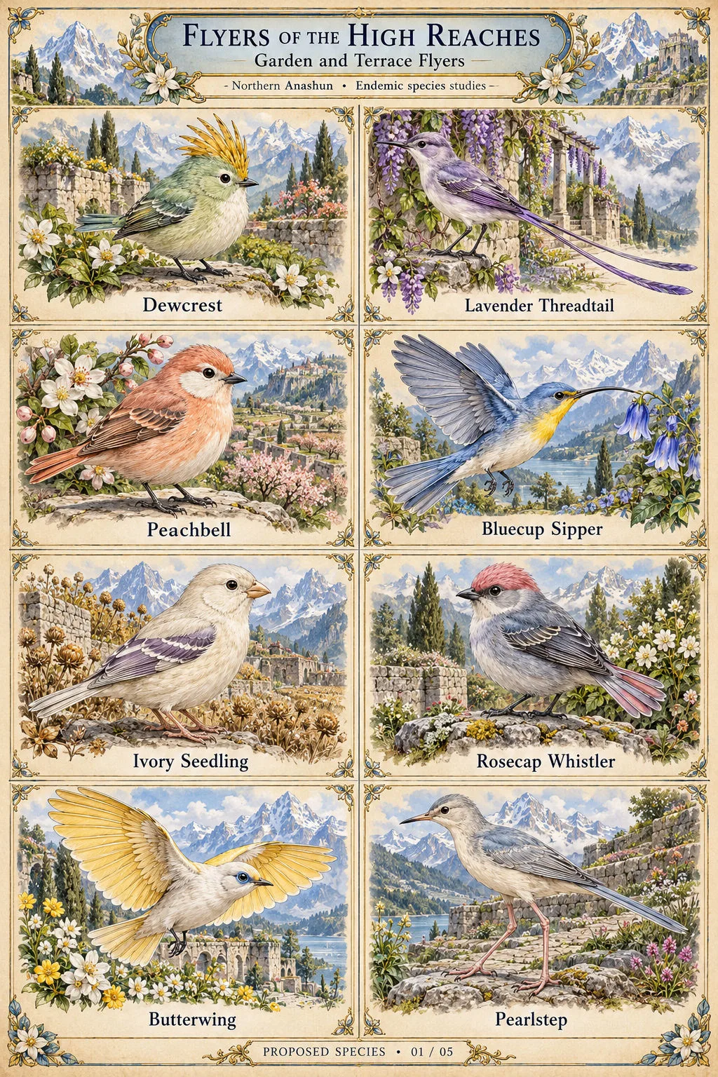 Proposed species sheet 1 of 5 of endemic songbirds from the gardens and terraces of the High Reaches in northern Anashun: Dewcrest, Lavender Threadtail, Peachbell, Bluecup Sipper, Ivory Seedling, Rosecap Whistler, Butterwing and Pearlstep, each shown among flowers and old stone terraces.