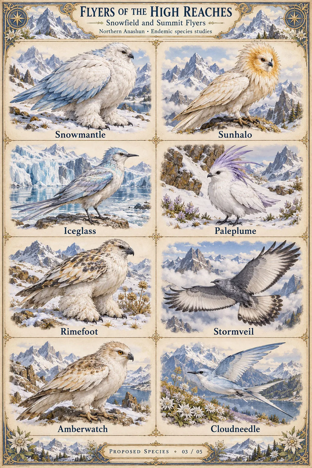 Proposed species sheet 3 of 5 of endemic birds from the snowfields and summits of the High Reaches in northern Anashun: Snowmantle, Sunhalo, Iceglass, Paleplume, Rimefoot, Stormveil, Amberwatch and Cloudneedle, shown among snow, glaciers and alpine flowers.