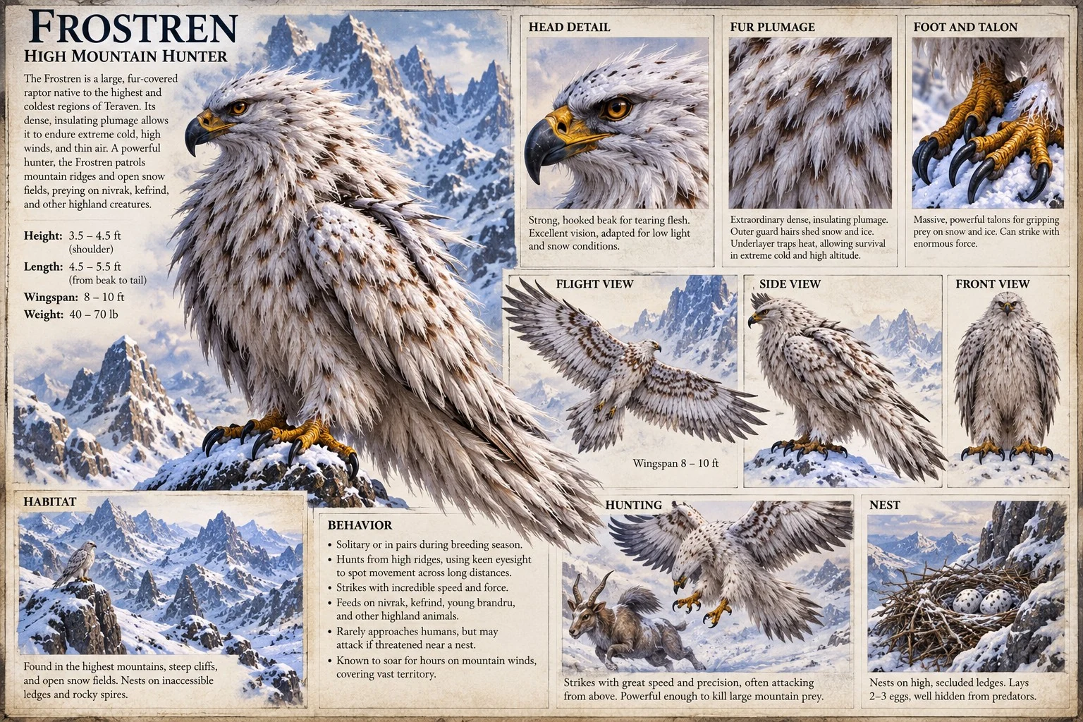 Reference plate showing the pale mountain bird Frostren with feather, eye, talon, flight, and snowy habitat studies.