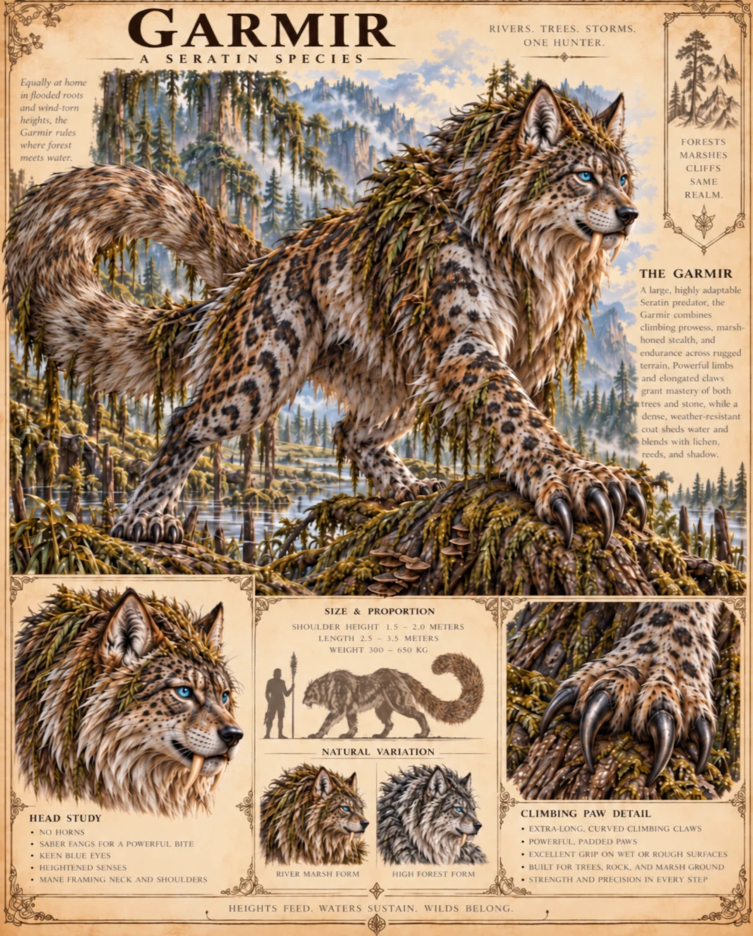 Fauna reference plate showing the spotted Garmir on a mountain ledge, with head studies, climbing claw details, and coat variations.