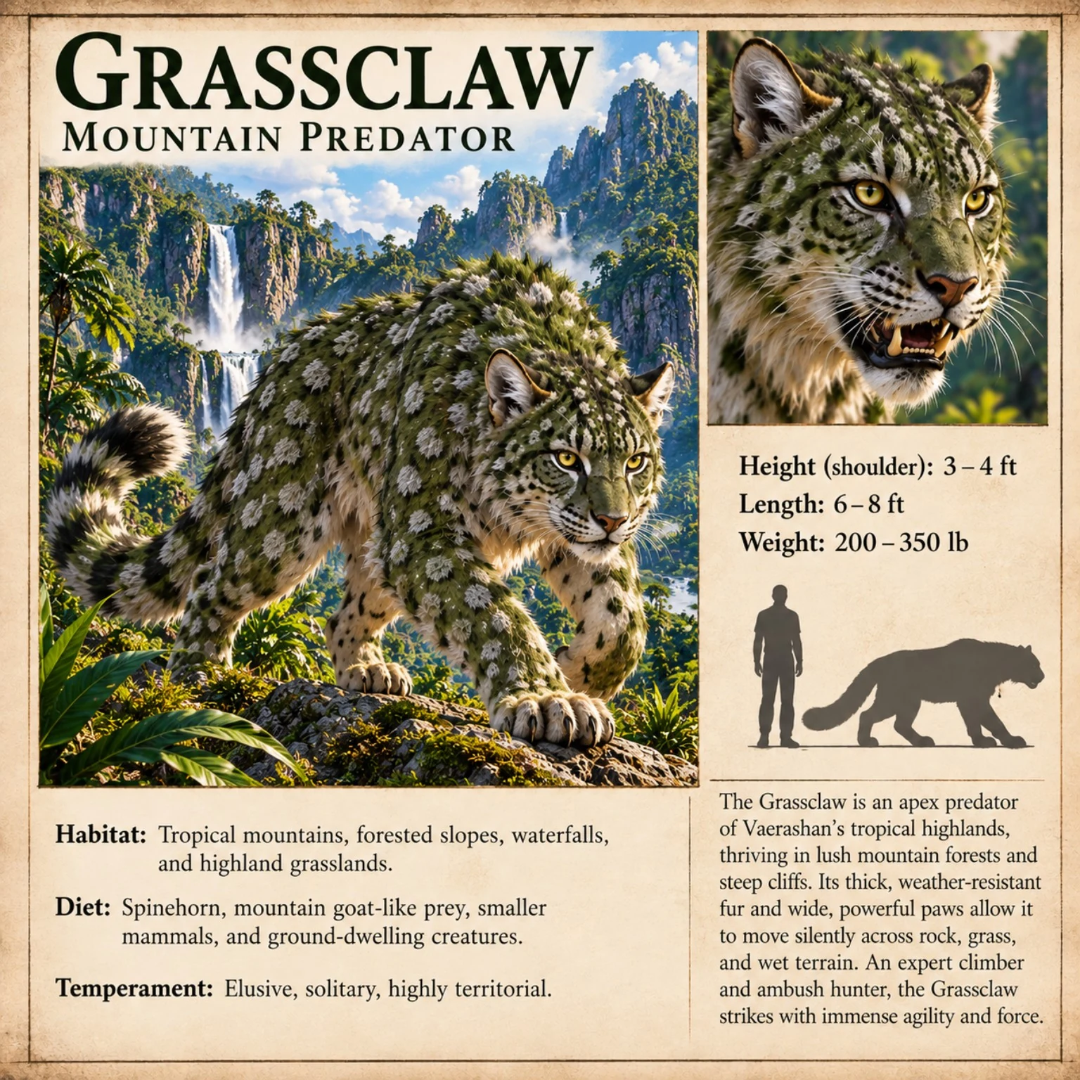 Reference plate showing the spotted, leaf-armored Grassclaw in a lush mountain forest, with a portrait and human scale comparison.