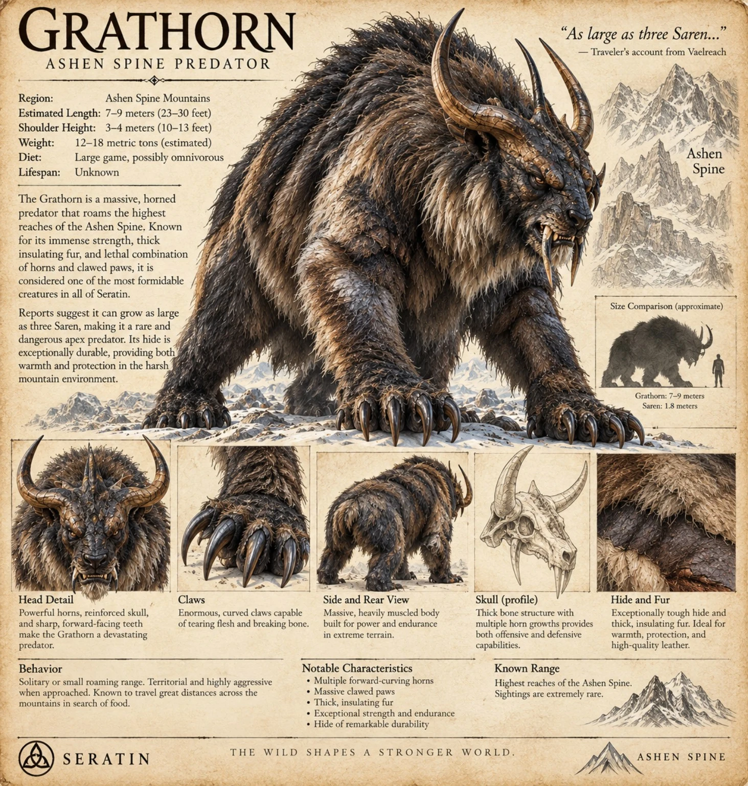 Fauna reference plate showing the horned Grathorn of the Ashen Spine, with head, claw, skull, and body studies.