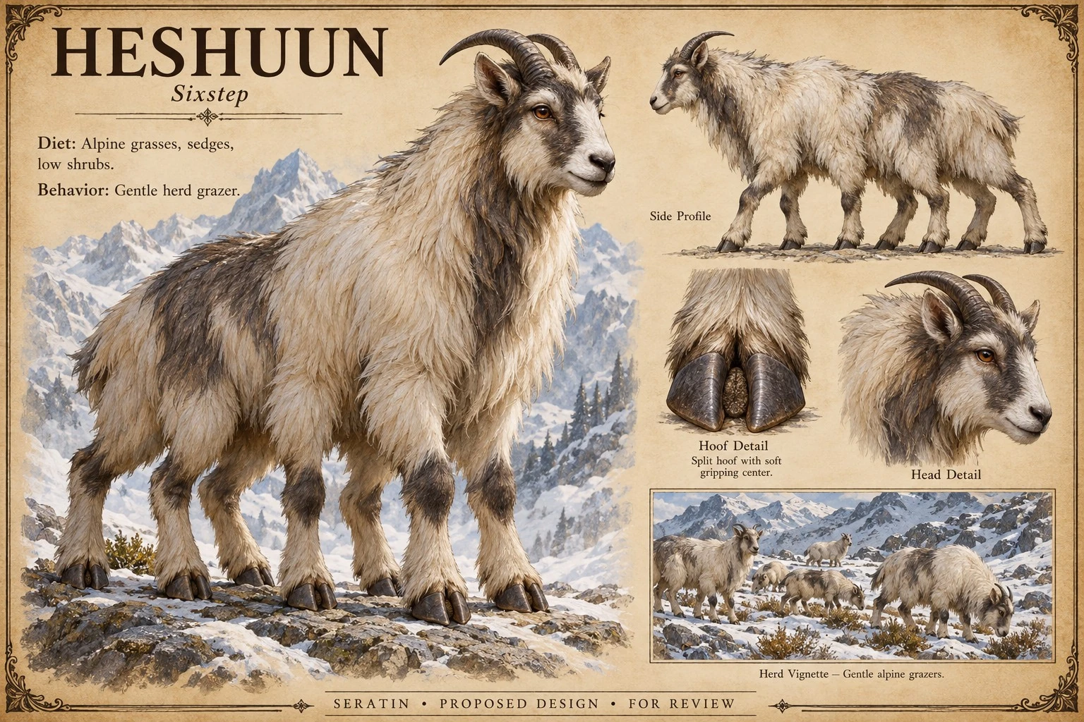 Fauna reference sheet showing Heshuun — Sixstep with appearance and anatomical detail studies.