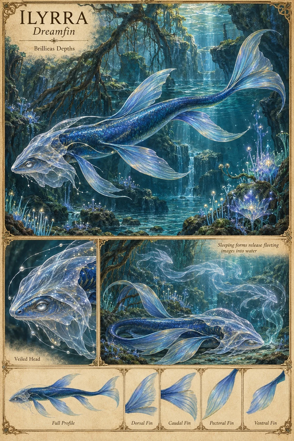 Ilyrra, a sapphire-scaled fish of the Brillieas Depths with a sheer, veil-like hood over its head and long, translucent fins, swims through a sunlit underwater forest of roots and glowing plants. Studies show its veiled head, a sleeping Ilyrra releasing fleeting, ghostly images into the water, its full profile, and its dorsal, caudal, pectoral and ventral fins.
