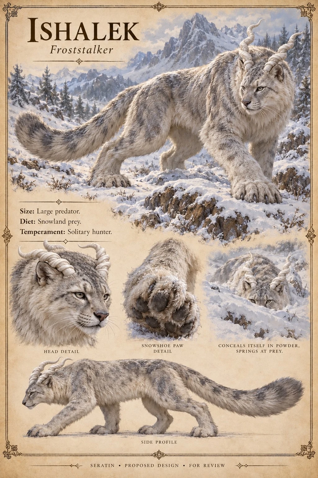 Reference plate showing the pale Ishalek in snowy mountains, with head, paw, and side-profile studies.
