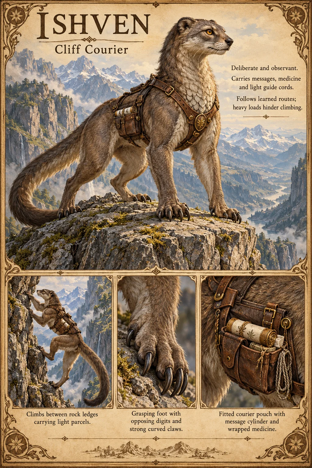 Ishven, a long-bodied, tan cliff courier with a leather harness and courier pouch, stands on a cliff top above mountain valleys, with studies of it climbing between rock ledges, its grasping foot, and its pouch with message cylinder and wrapped medicine. Deliberate and observant; it follows learned routes and carries light parcels, as heavy loads hinder climbing.