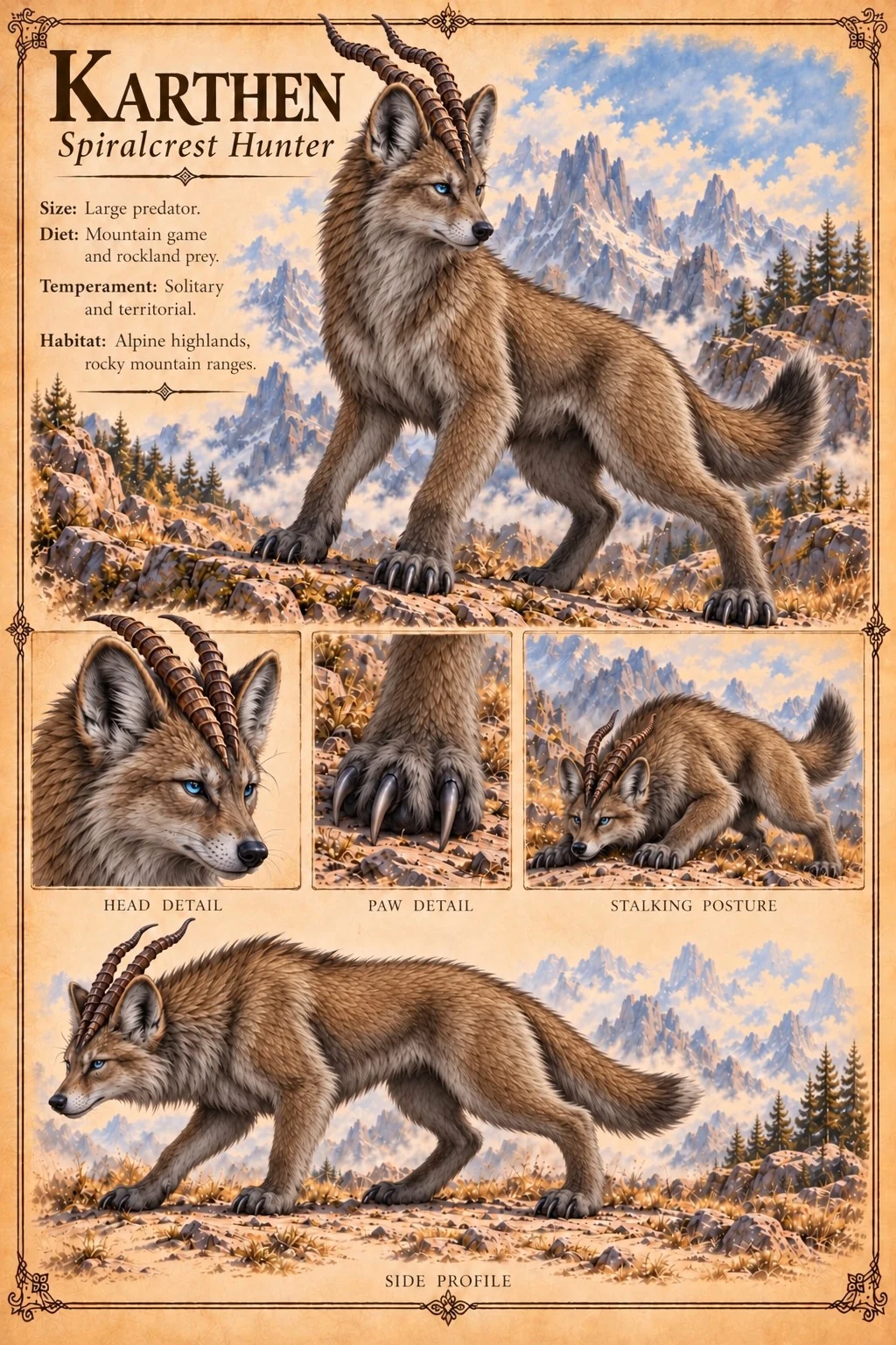 Reference plate showing the horned Karthen in alpine terrain, with head, paw, stalking posture, and side-profile studies.