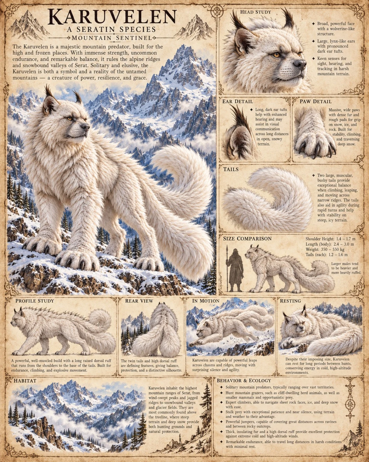 Fauna reference plate showing the white-furred Karuvelen in snowy mountains, with head, ear, paw, and tail details.