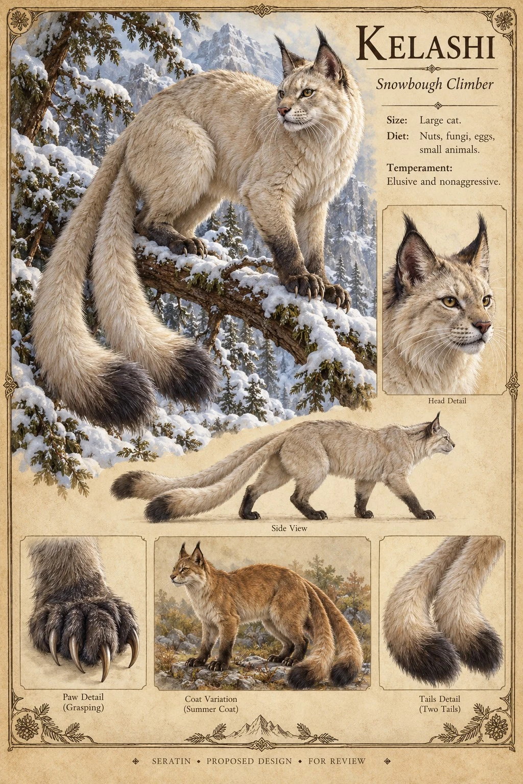 Reference plate showing the long-tailed Kelashi on snowy branches, with head, paw, tail, coat, and size studies.