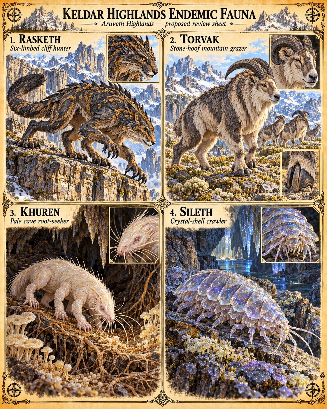 Keldar Highlands endemic fauna sheet for the Aruveth Highlands, showing the Rasketh cliff hunter, Torvak mountain grazer, Khuren cave root-seeker and Sileth crystal-shell crawler, each with a detail inset.