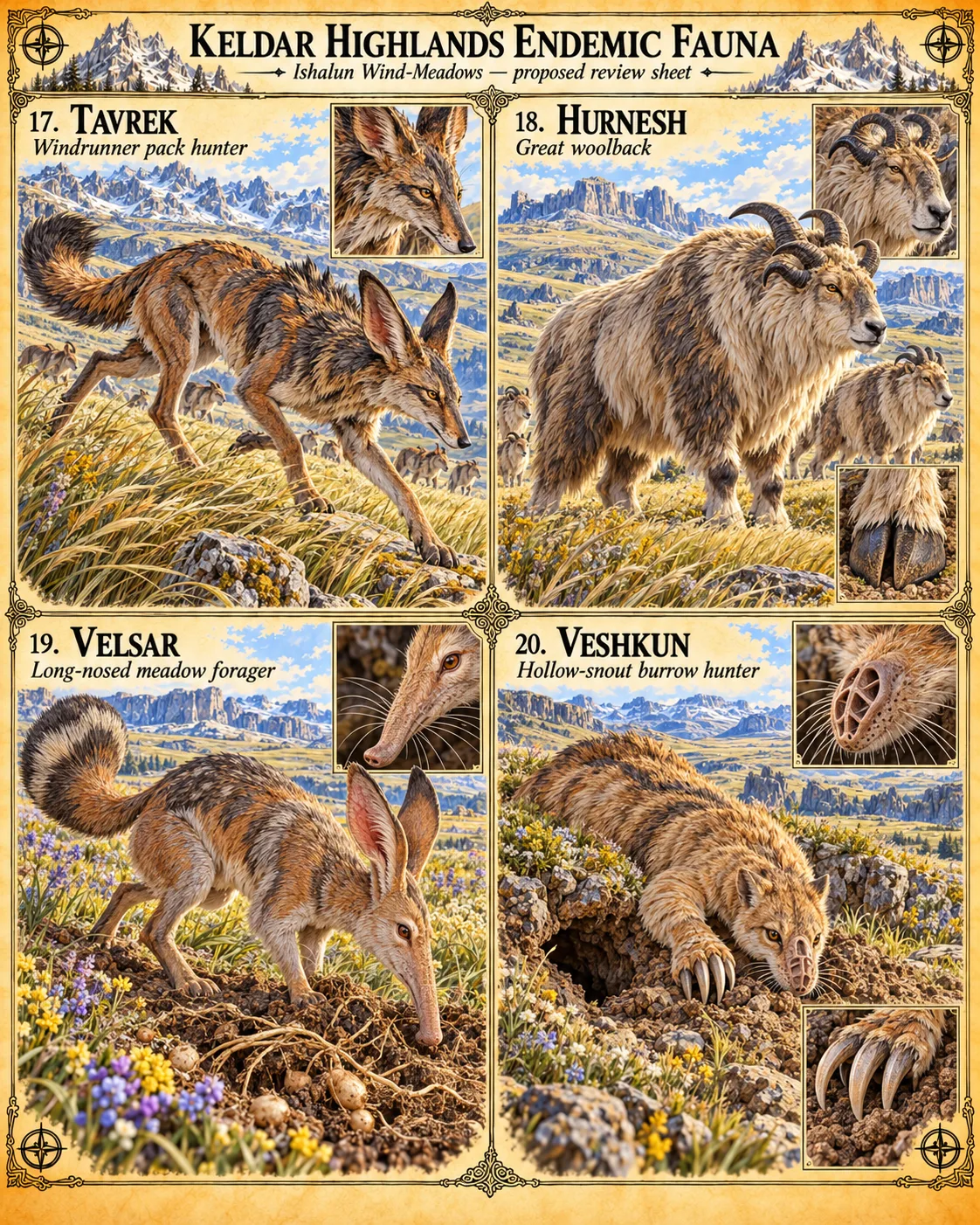 Keldar Highlands endemic fauna sheet for the Ishalun Wind-Meadows, showing the Tavrek windrunner pack hunter, Hurnesh great woolback, Velsar long-nosed meadow forager and Veshkun hollow-snout burrow hunter, each with a detail inset.