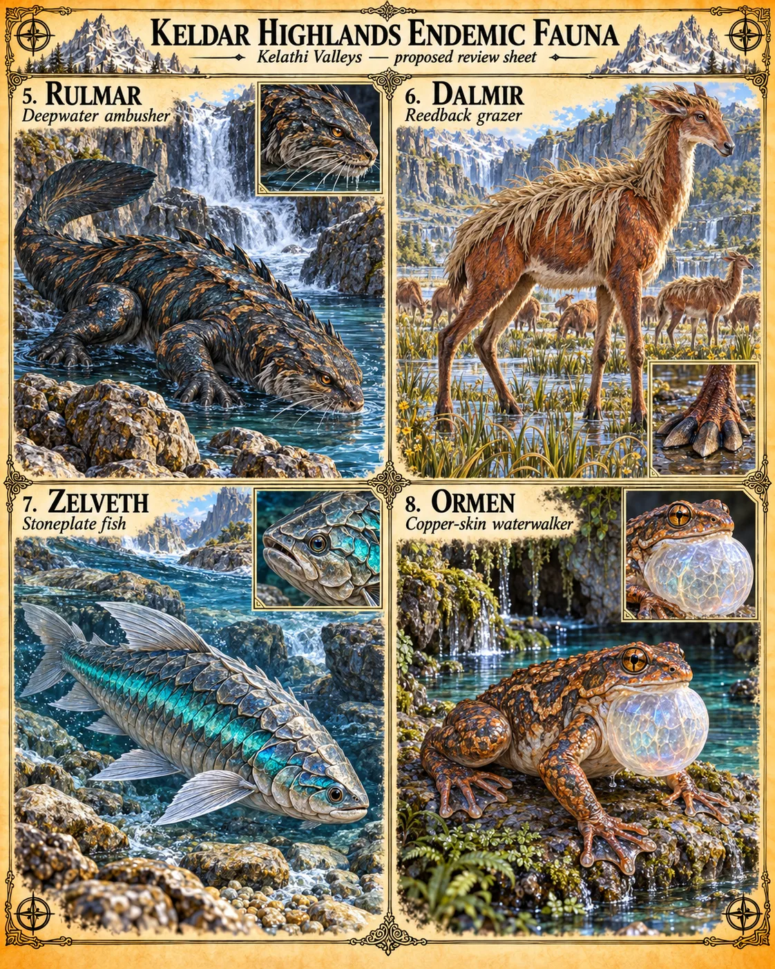 Keldar Highlands endemic fauna sheet for the Kelathi Valleys, showing the Rulmar deepwater ambusher, Dalmir reedback grazer, Zelveth stoneplate fish and Ormen copper-skin waterwalker, each with a detail inset.