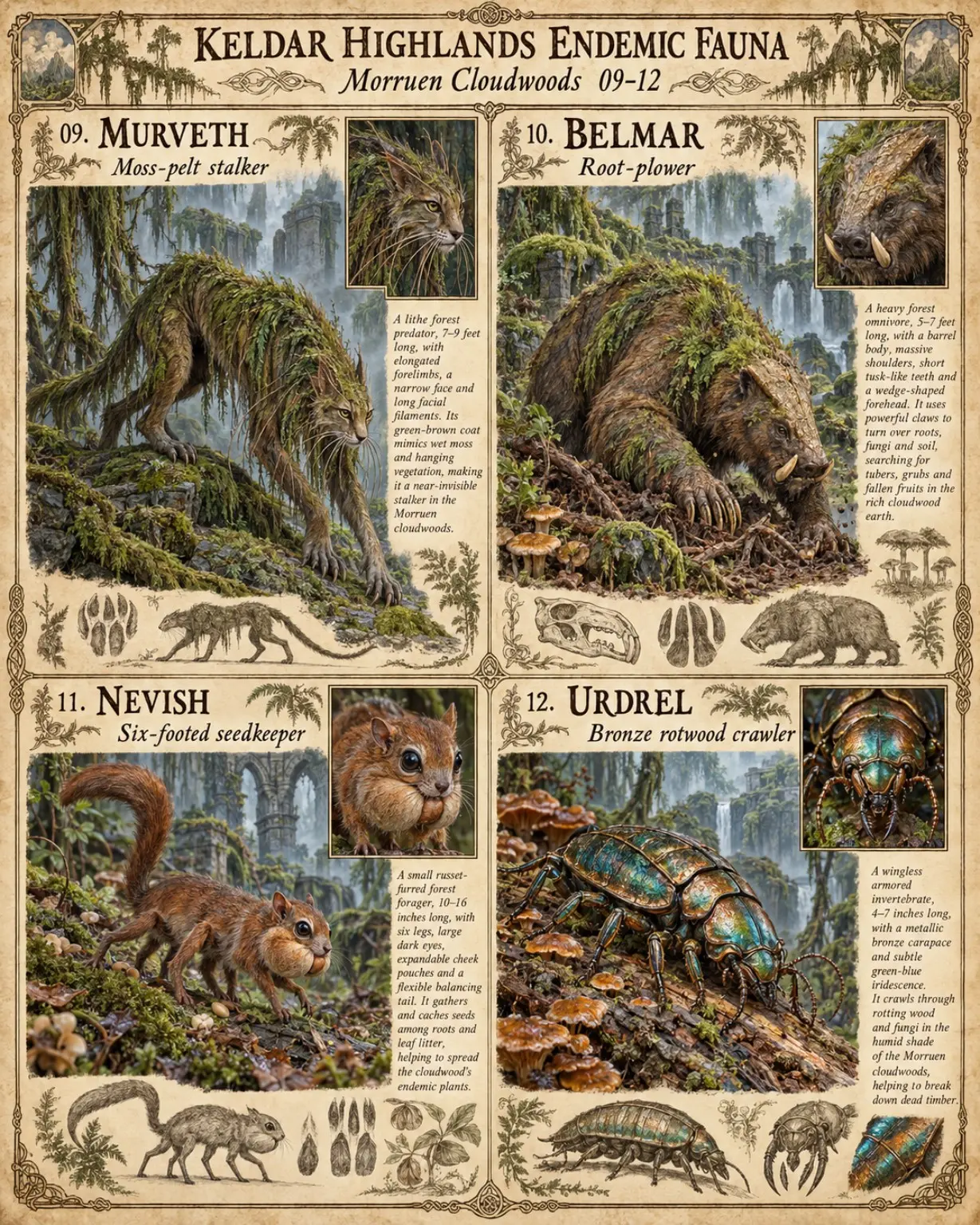 Keldar Highlands endemic fauna sheet for the Morruen Cloudwoods, showing the Murveth moss-pelt stalker, Belmar root-plower, Nevish six-footed seedkeeper and Urdrel bronze rotwood crawler, each with a detail inset.