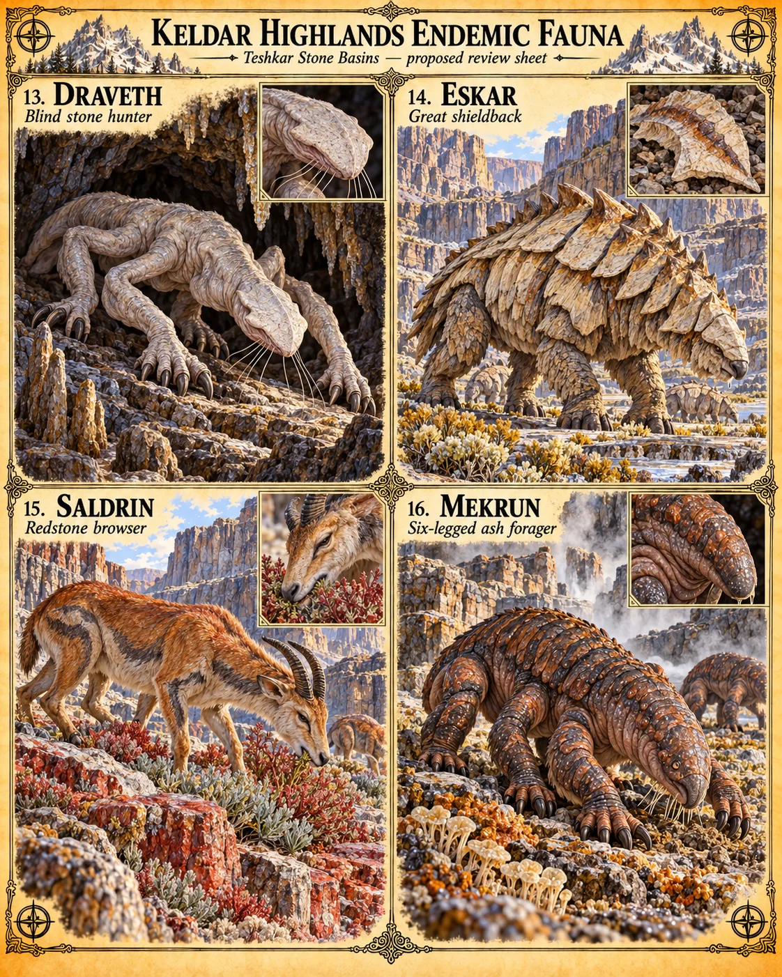 Keldar Highlands endemic fauna sheet for the Teshkar Stone Basins, showing the Draveth blind stone hunter, Eskar great shieldback, Saldrin redstone browser and Mekrun six-legged ash forager, each with a detail inset.