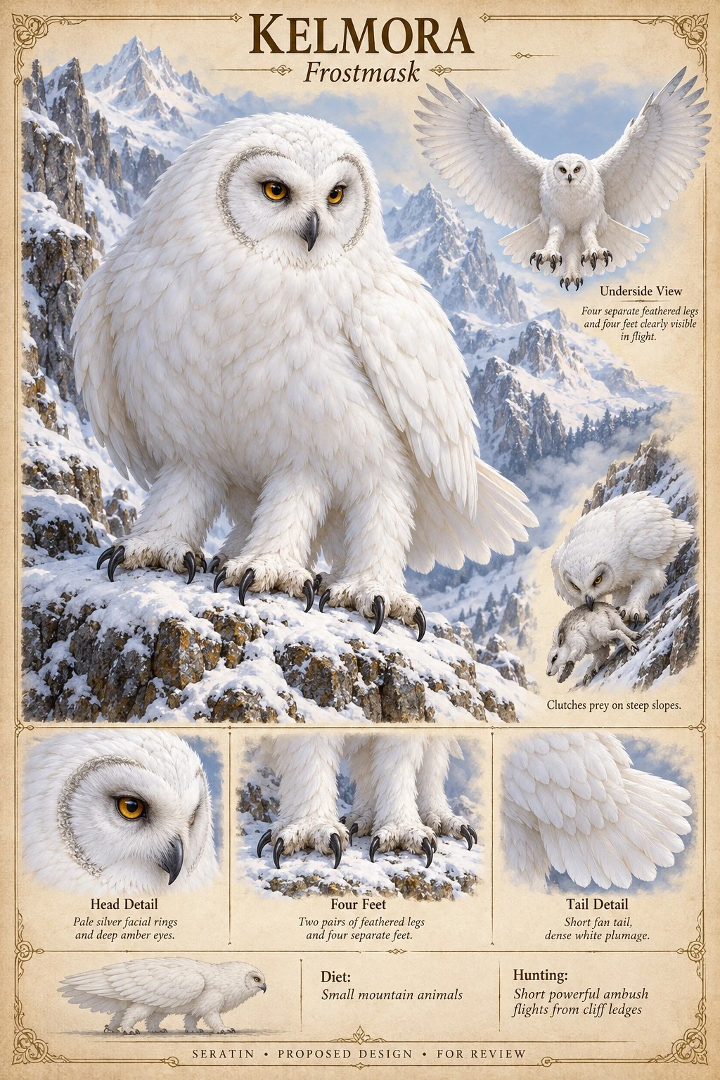 Fauna reference sheet showing Kelmora — Frostmask with appearance and anatomical detail studies.