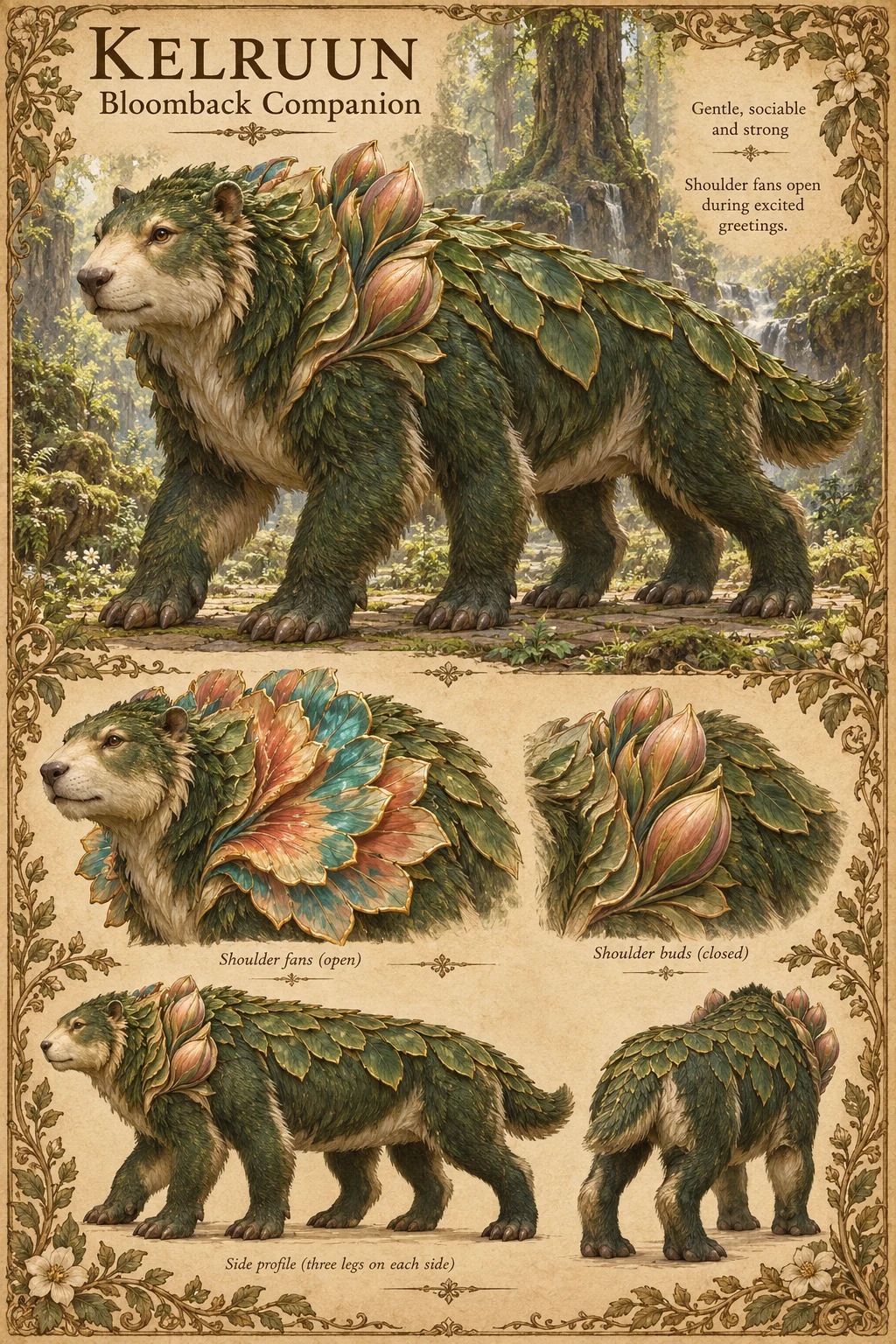 Kelruun, a green, leaf-coated, six-legged Bloomback companion with petal-like shoulder fans, walks through a lush forest, with shoulder fans open and closed and a side profile showing three legs on each side. Gentle, sociable and strong; its shoulder fans open during excited greetings.