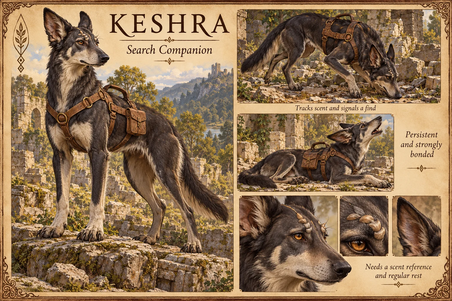 Keshra, a lean, dark-coated, dog-like search companion with small brow horns and a leather harness and pouch, stands on ancient ruins, with studies of it tracking a scent, signalling a find, and head, brow horn and ear details. Persistent and strongly bonded; it needs a scent reference and regular rest.