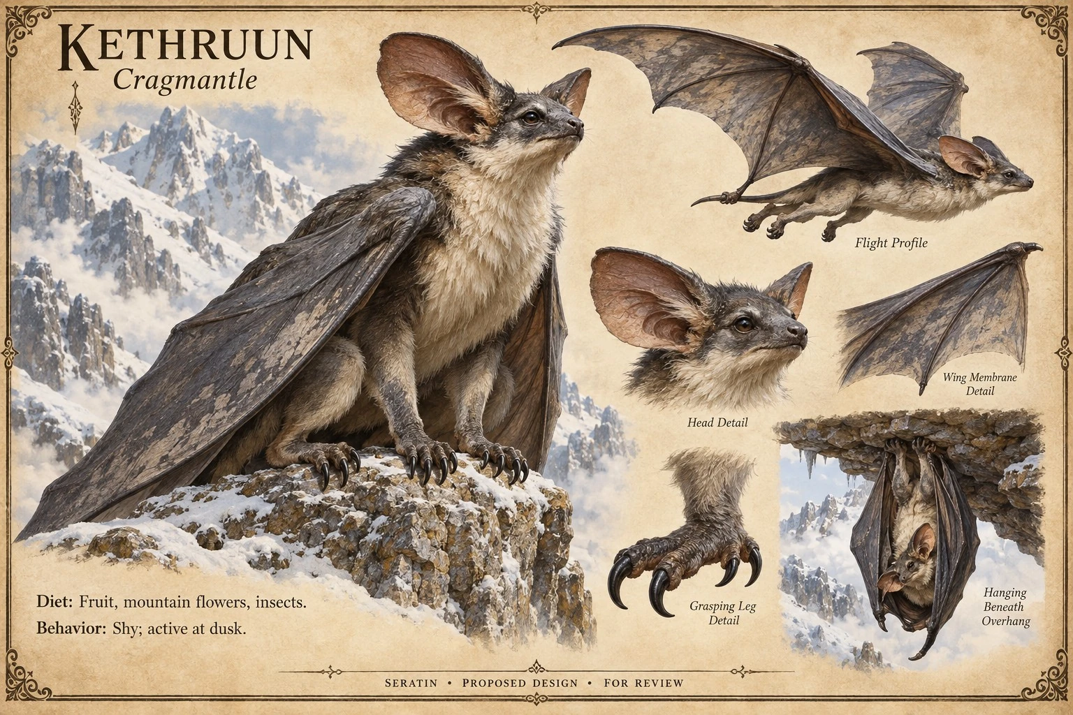 Fauna reference sheet showing Kethruun — Cragmantle with appearance and anatomical detail studies.