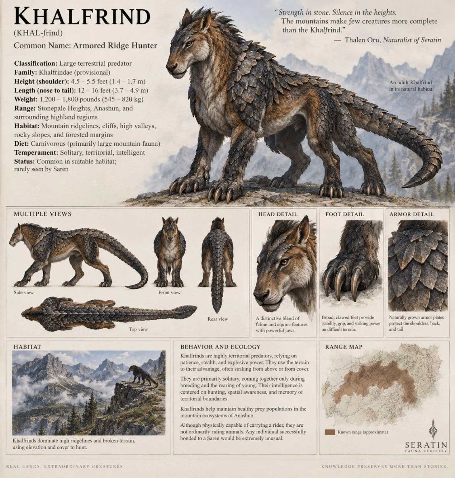 Reference plate showing the armored ridge hunter Khalfrind with horned head studies, multiple views, a range map, and rocky mountain habitats.
