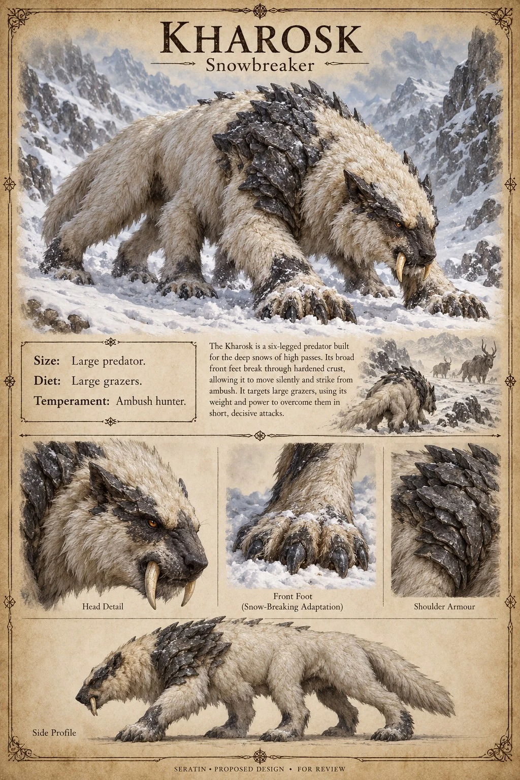 Reference plate showing the shaggy Kharosk with armored shoulders and long claws in snowy terrain, with head, paw, and side-profile studies.