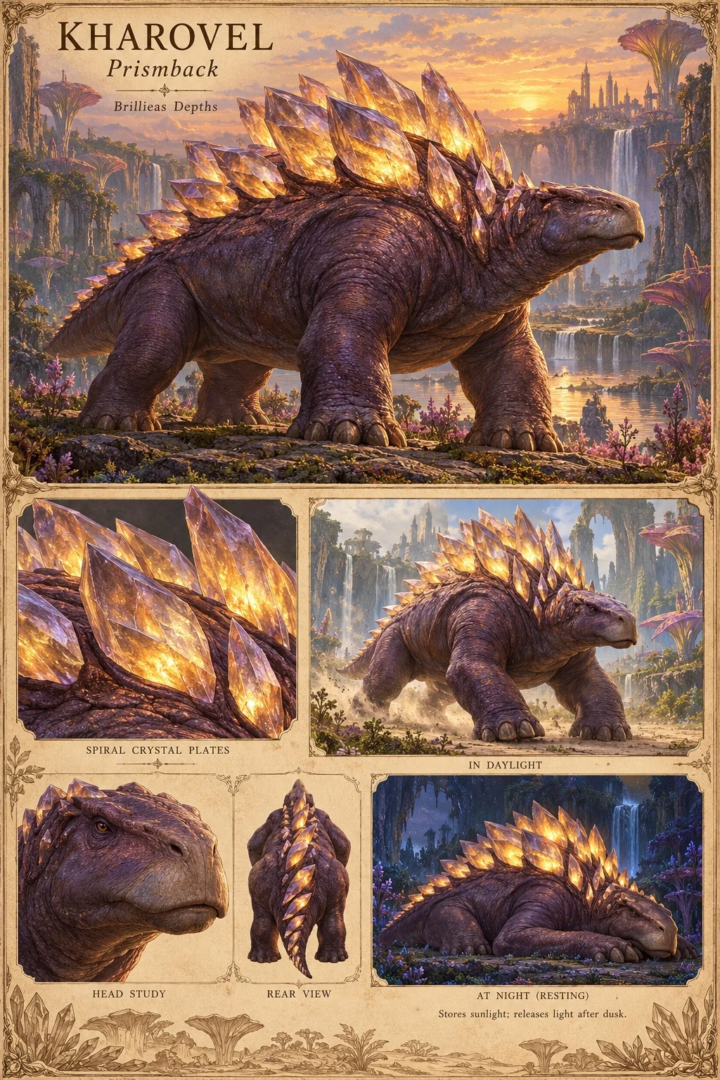Kharovel, a massive, mauve-skinned, four-legged grazer of the Brillieas Depths with spiralling rows of amber crystal plates along its back, stands at sunset before waterfalls and a distant city. Studies show its crystal plates, the animal in daylight, its head, a rear view, and the animal resting at night with its plates glowing. It stores sunlight and releases light after dusk.