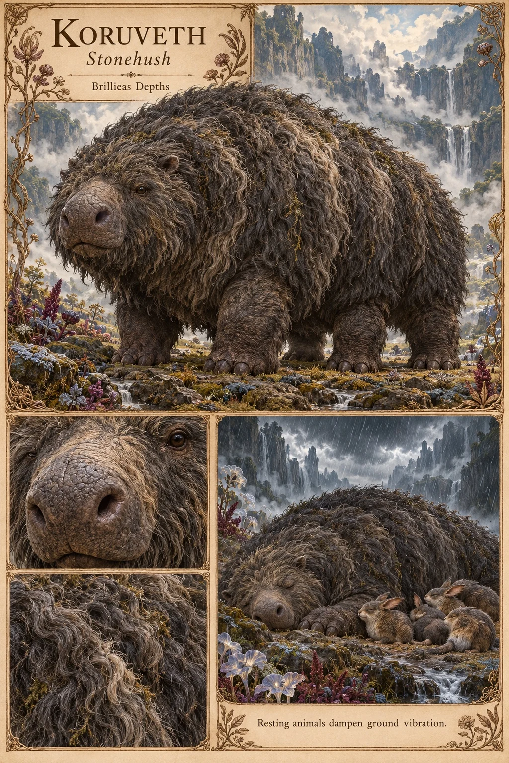 Koruveth, a massive, bear-like animal of the Brillieas Depths with a heavy, mossy, shaggy brown coat and a broad snout, stands on wet, flowering ground before misty cliffs and waterfalls. Studies show its snout, its coat, and the animal asleep in the rain with small animals sheltering against it. Resting Koruveth dampen ground vibration.
