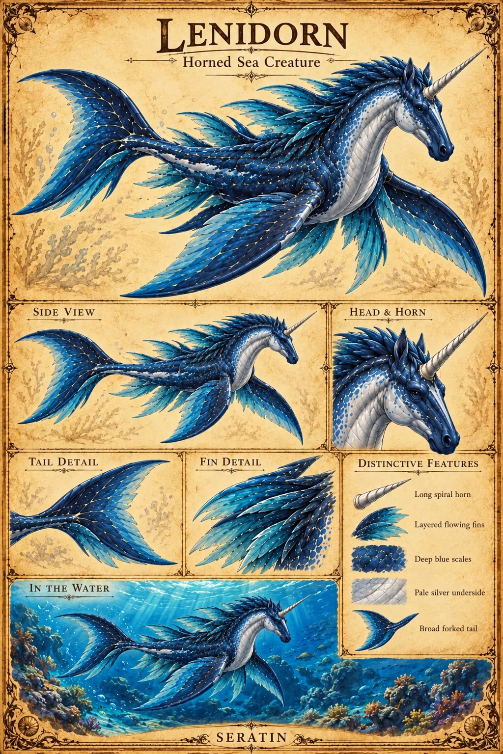 Reference sheet showing a blue-scaled Lenidorn with a long spiral horn and flowing fins, alongside side, head, tail, fin, and underwater studies.
