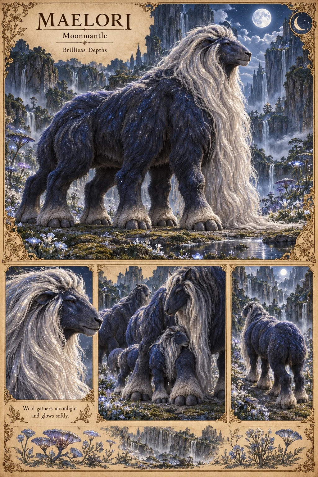 Maelori, a large, six-legged, indigo-woolled animal of the Brillieas Depths with a long, flowing silver mane, stands beside a moonlit pool among cliffs and waterfalls. Studies show its head and glimmering mane, a mother sheltering a young Maelori, and a rear view under the moon. Its wool gathers moonlight and glows softly.