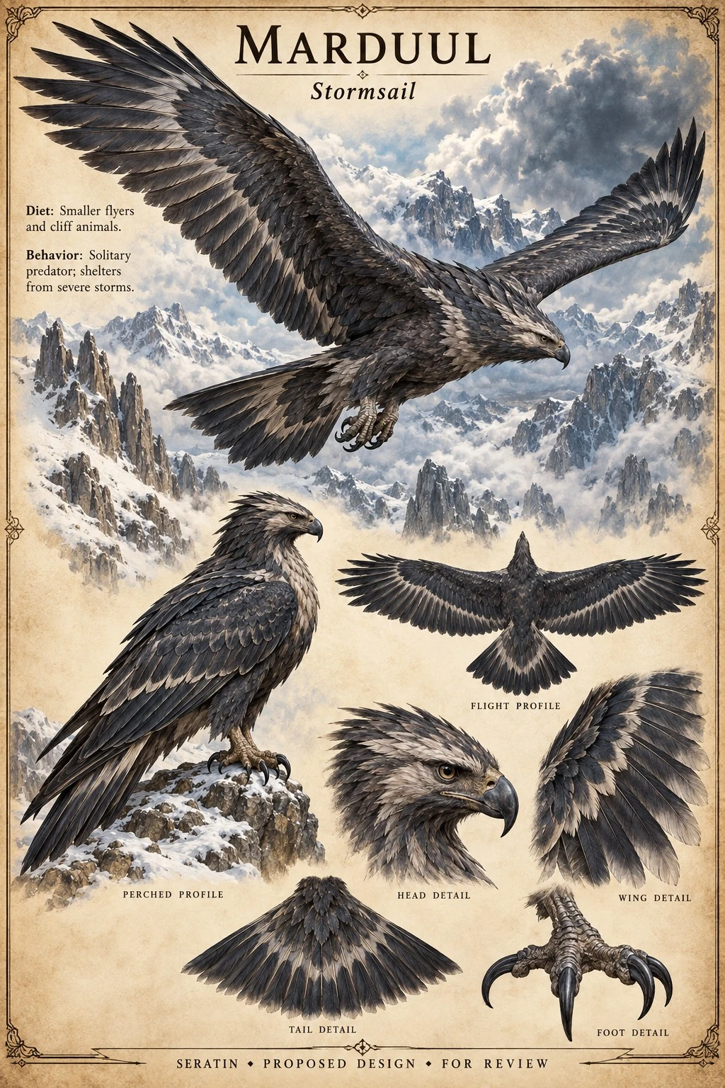 Fauna reference sheet showing Marduul — Stormsail with appearance and anatomical detail studies.