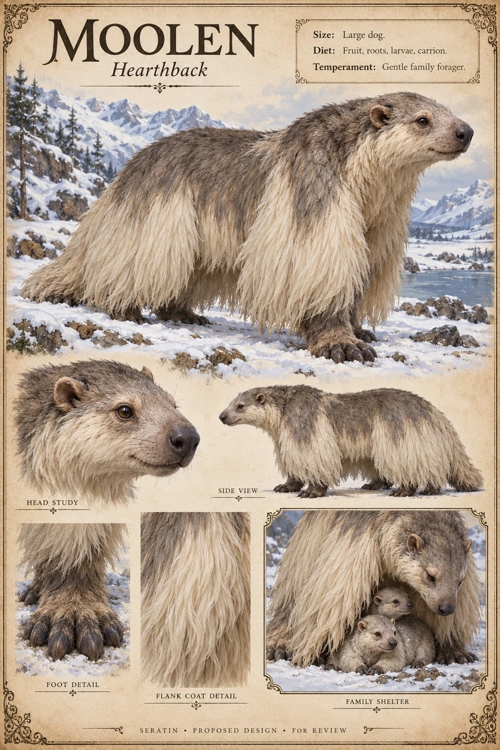 Fauna reference sheet showing Moolen — Hearthback with appearance and anatomical detail studies.