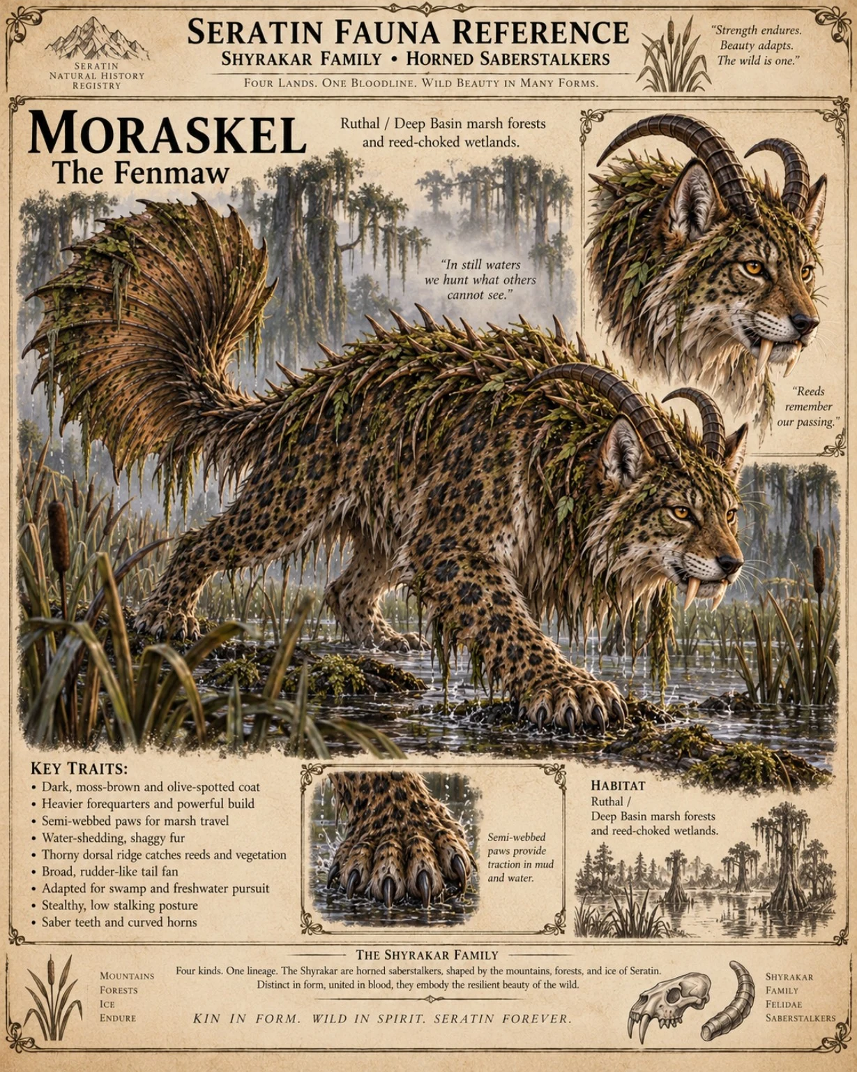 Fauna reference plate showing a horned Moraskel with a tall feathered tail stands among marsh reeds, with anatomical studies.