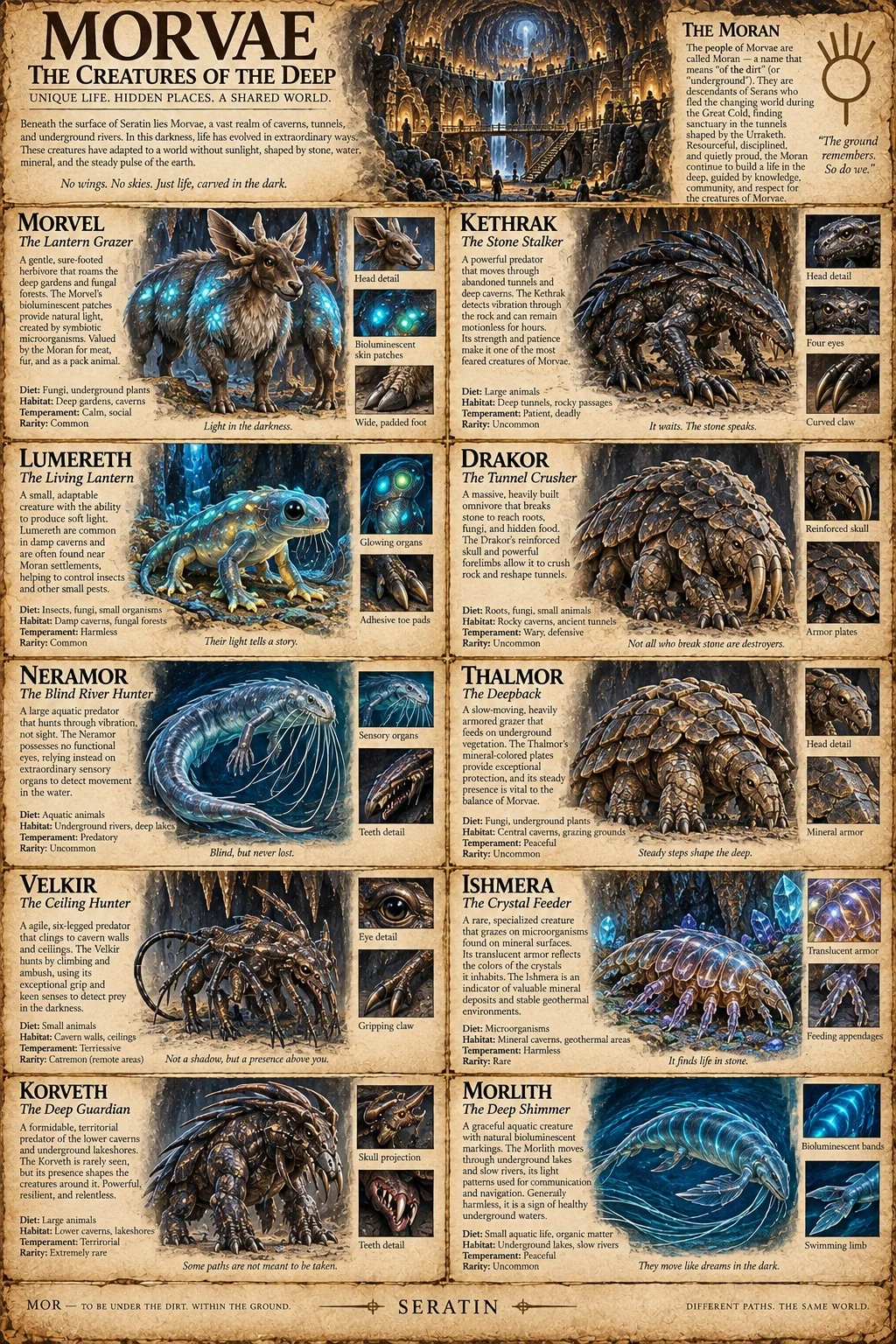 Alternate Morvae fauna reference sheet showing ten subterranean creatures, with glowing anatomy details, cavern habitats, and descriptive notes.