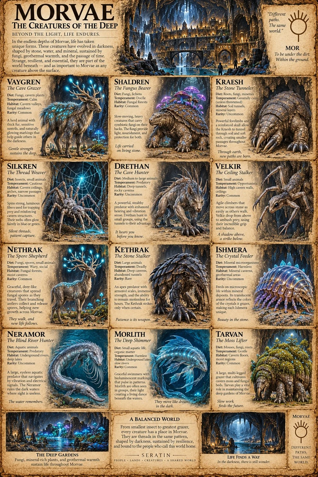 Morvae fauna reference sheet showing twelve subterranean creatures, including luminous birds, burrowing animals, insects, and aquatic life.