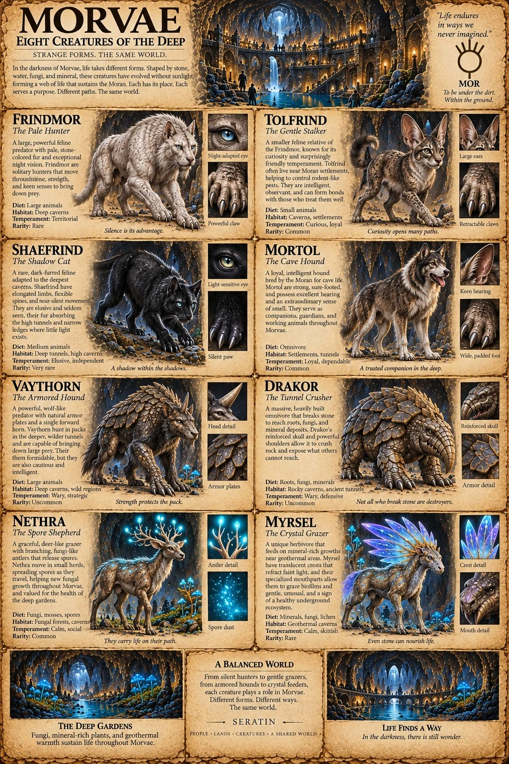 Morvae fauna reference sheet showing eight subterranean creatures, with cavern habitats, head studies, and notes on the deep gardens.