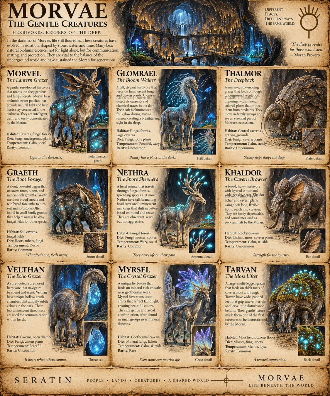 Morvae fauna reference sheet showing nine gentle subterranean creatures among glowing crystals, with cavern and deep garden studies.
