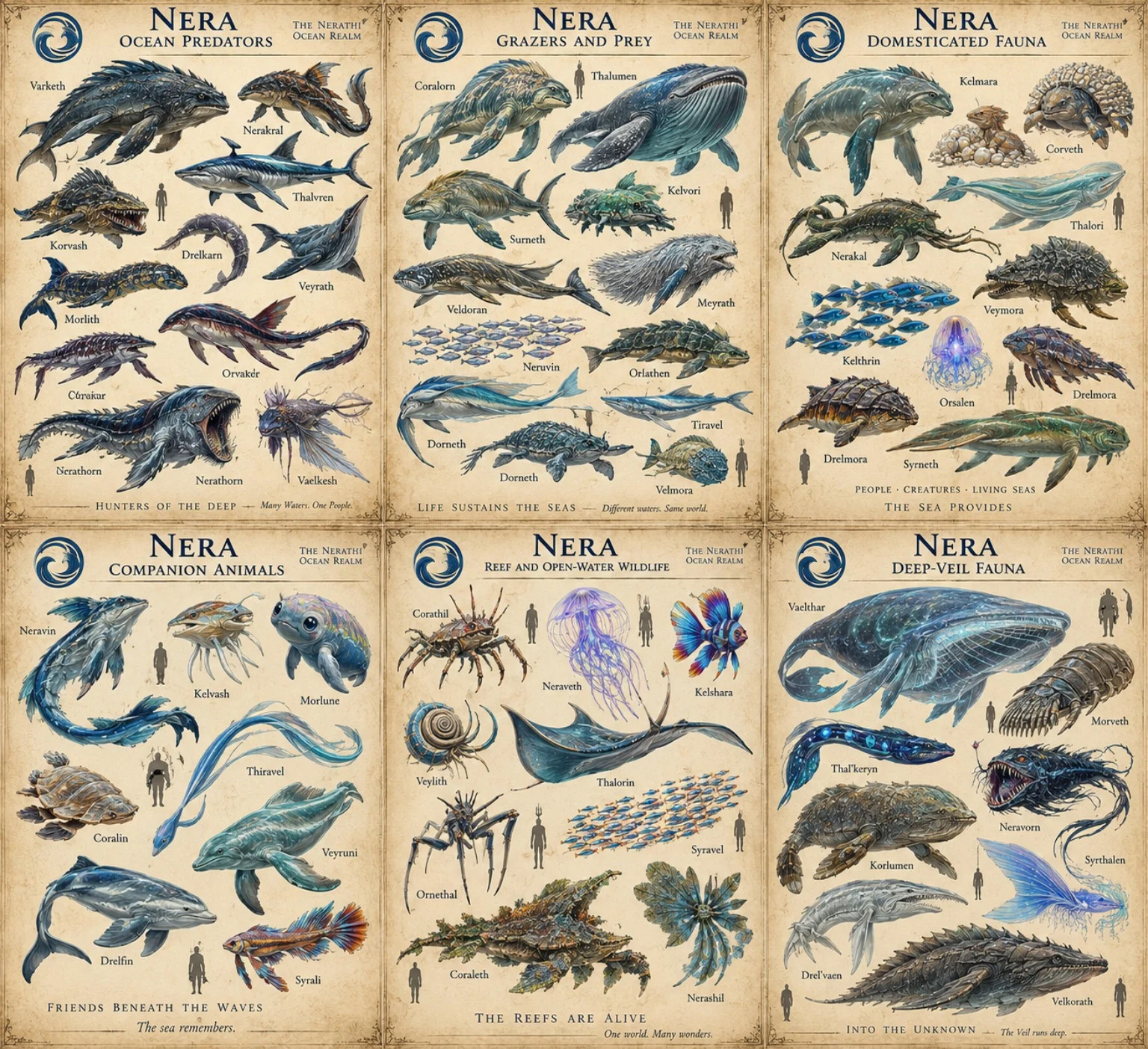 Six illustrated Nera reference panels showing marine creatures and ocean life in the ocean realm.