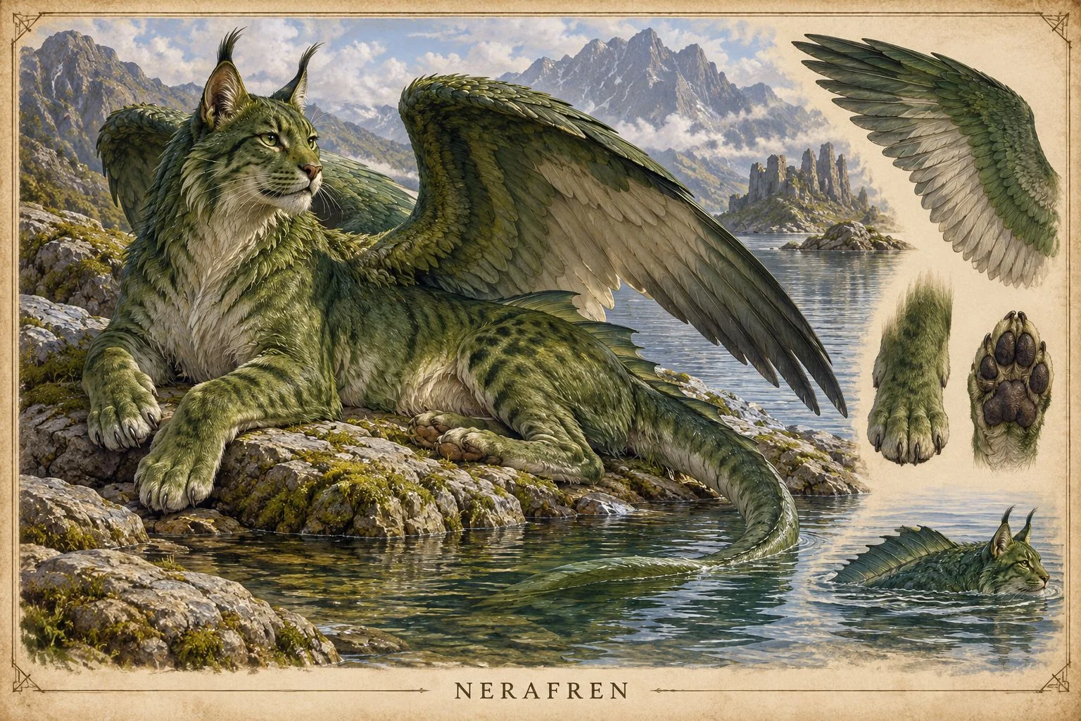 A reference plate shows a green winged creature beside water, with wing and head details.