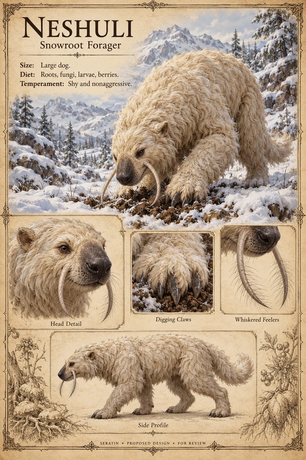 Reference plate showing the woolly Neshuli digging in snow, with head, digging claw, whisker, and side-profile studies.