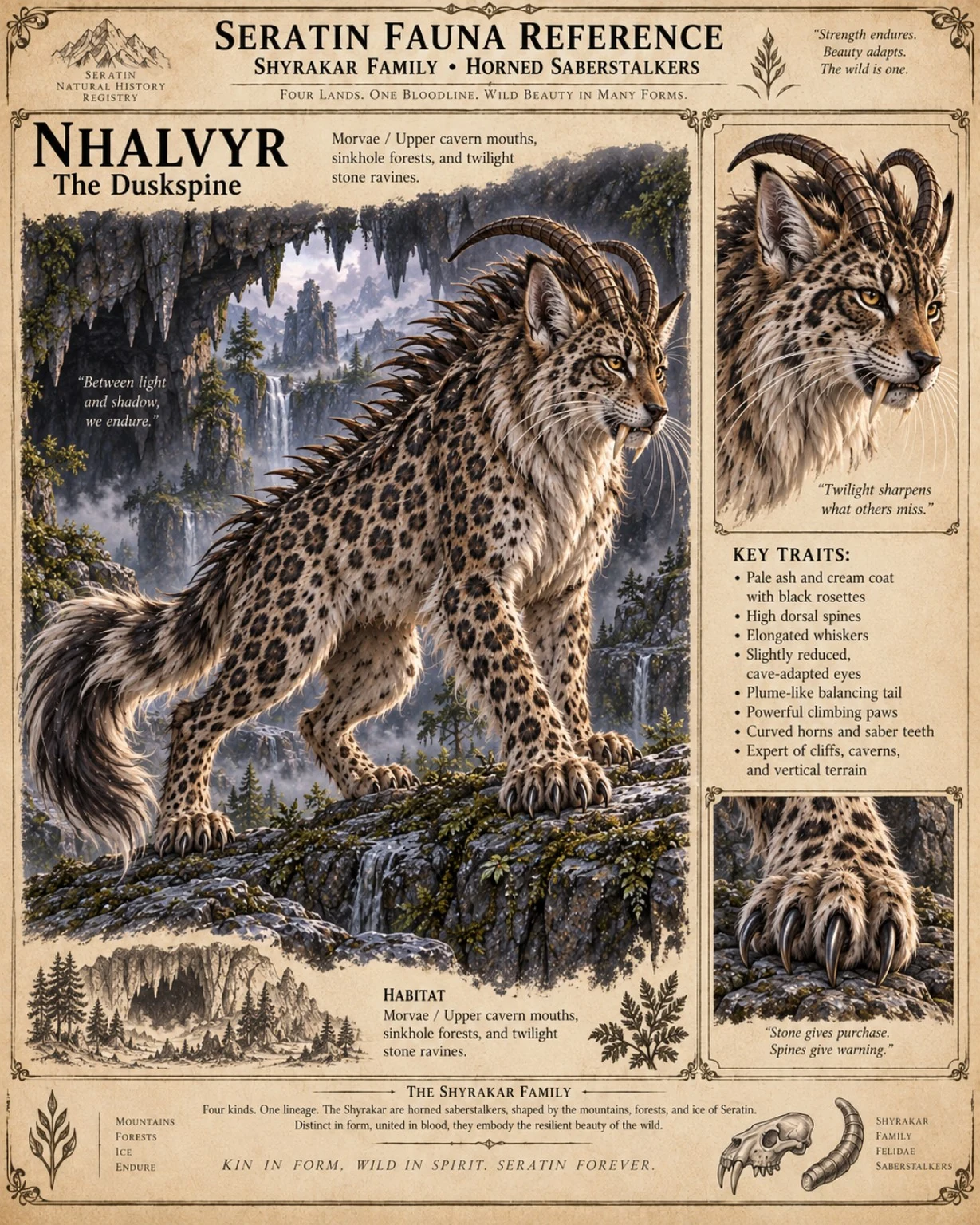 Fauna reference plate showing a spotted, horned Nhalvyr stands on a rocky ledge above a mountain valley, with head, tail, and paw studies.