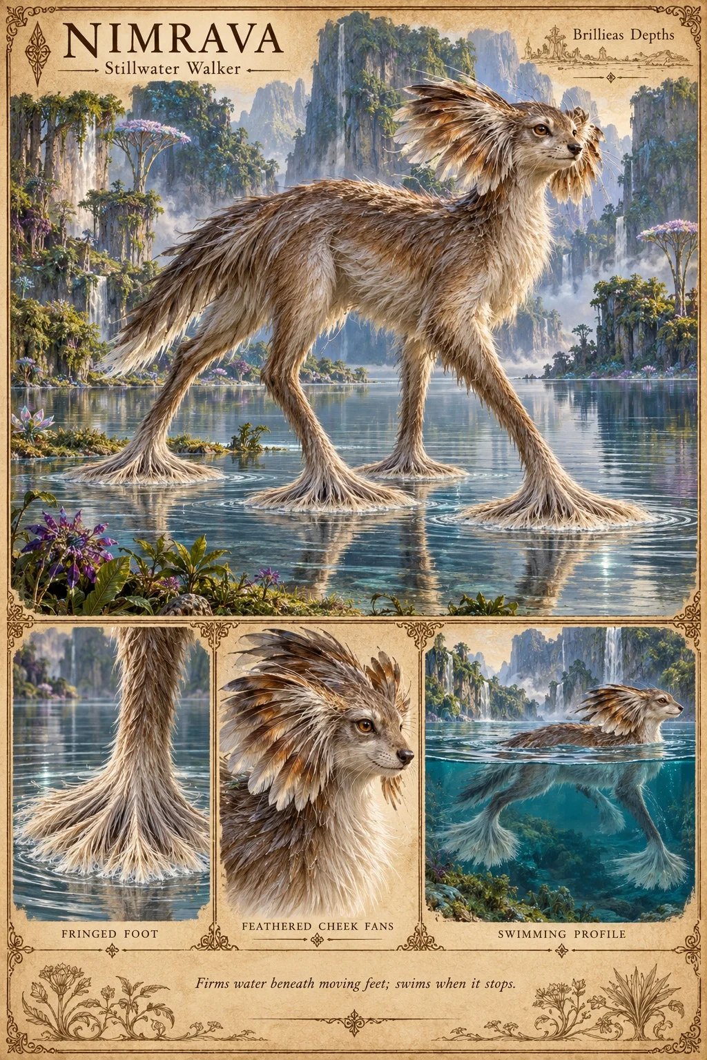Nimrava, a tall, long-legged, tawny-furred animal of the Brillieas Depths with feathered cheek fans and broad, fringed feet, walks across the surface of a still lake among cliff islands and waterfalls. Studies show its fringed foot, its feathered cheek fans and a swimming profile. It firms the water beneath its moving feet and swims when it stops.