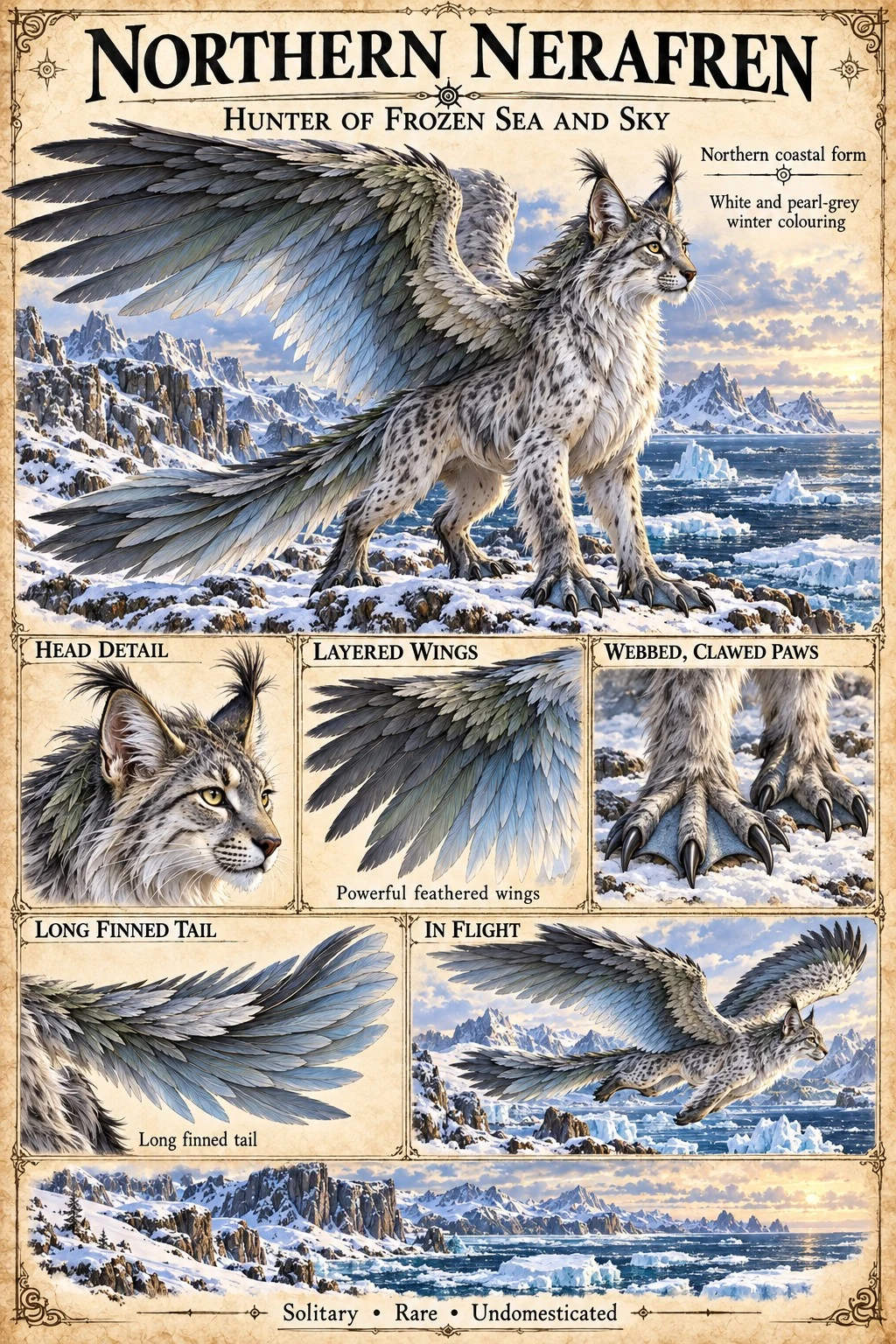 Fauna reference plate showing a feathered Northern Nerafren spreads its wings above snowy mountains, with head, wing, flight, and size studies.