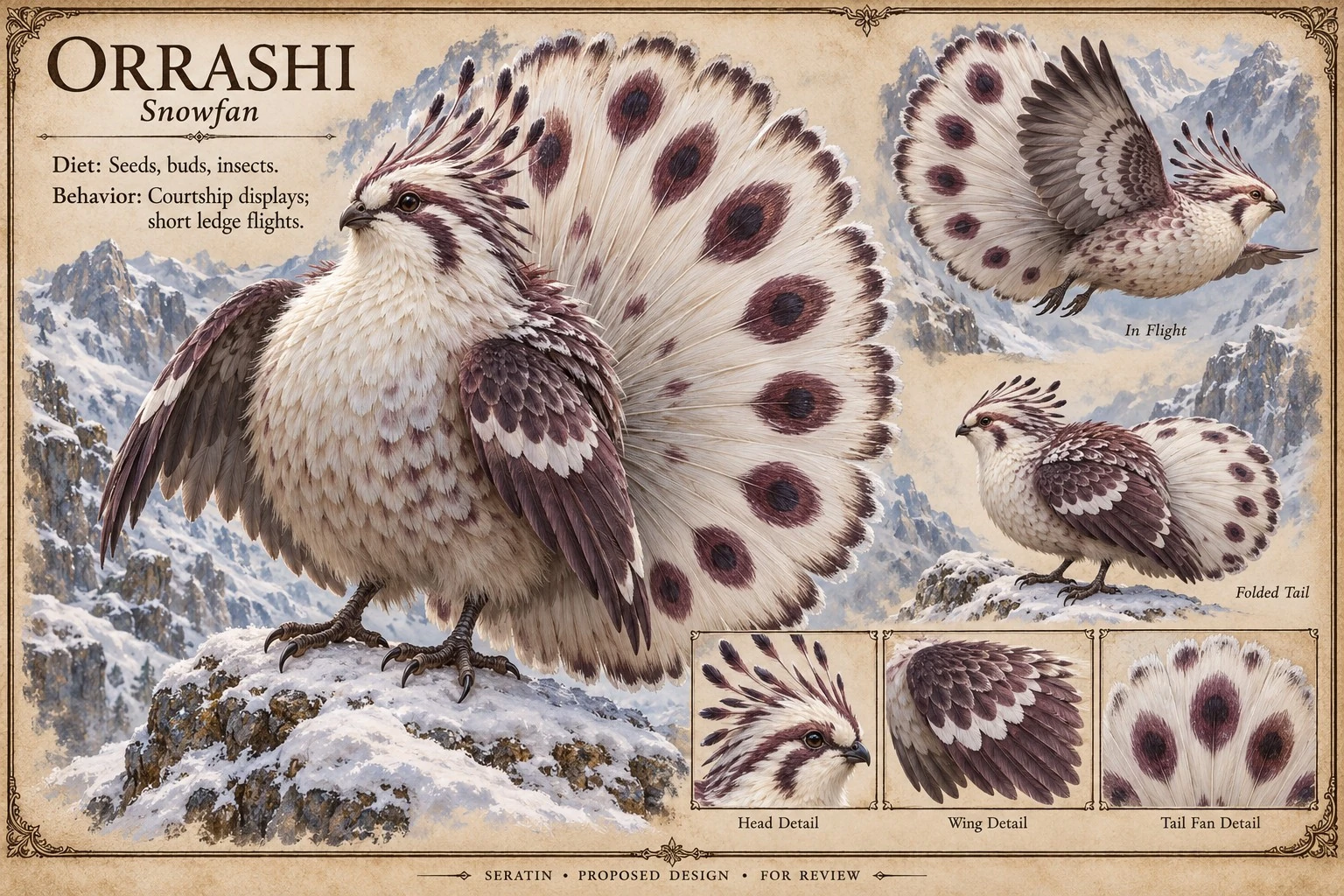 Fauna reference sheet showing Orrashi — Snowfan with appearance and anatomical detail studies.