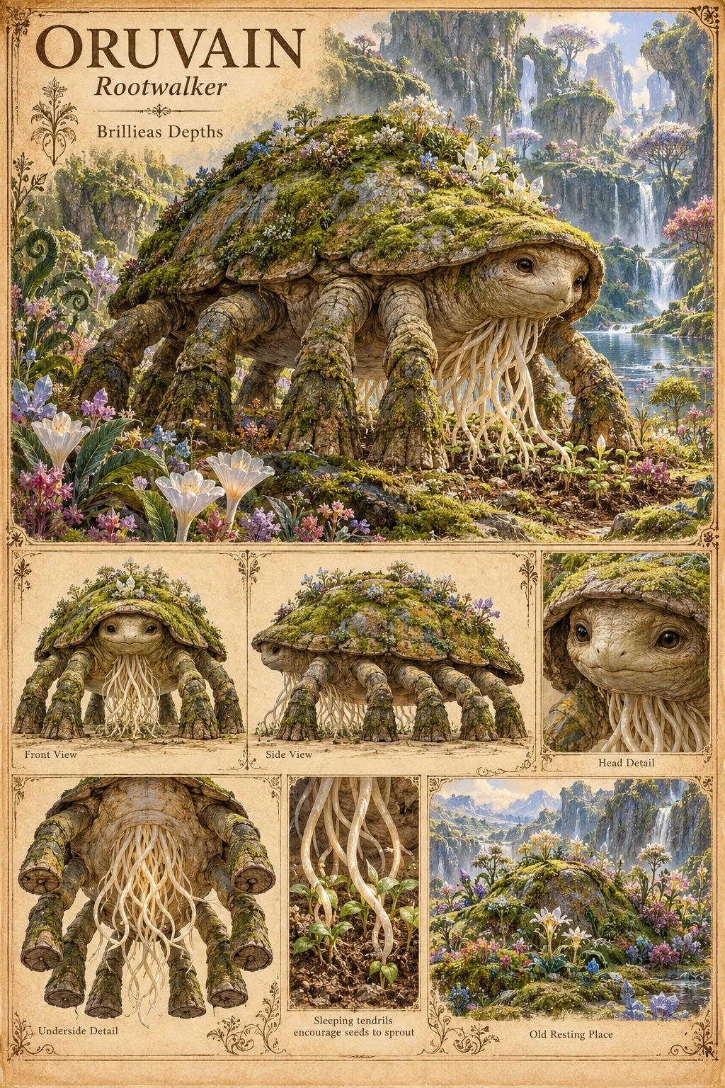Oruvain, an eight-legged, turtle-like rootwalker of the Brillieas Depths with a mossy, flower-covered shell, bark-textured legs and pale root tendrils hanging from its chin, walks through a flowering meadow near waterfalls. Studies show front and side views, its head, its underside, sleeping tendrils that encourage seeds to sprout, and an old resting place grown over with flowers.