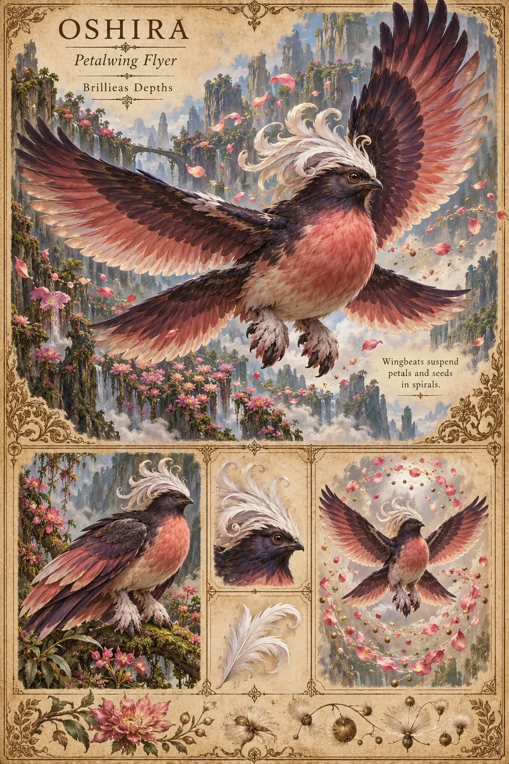 Oshira, a rose-breasted, plum-winged bird of the Brillieas Depths with a curling white crest, flies above flowering cliffs and waterfalls in a swirl of petals and seeds. Studies show the bird perched on a blossoming branch, its crested head, a crest feather, and the bird hovering inside a spiral of petals. Its wingbeats suspend petals and seeds in spirals.